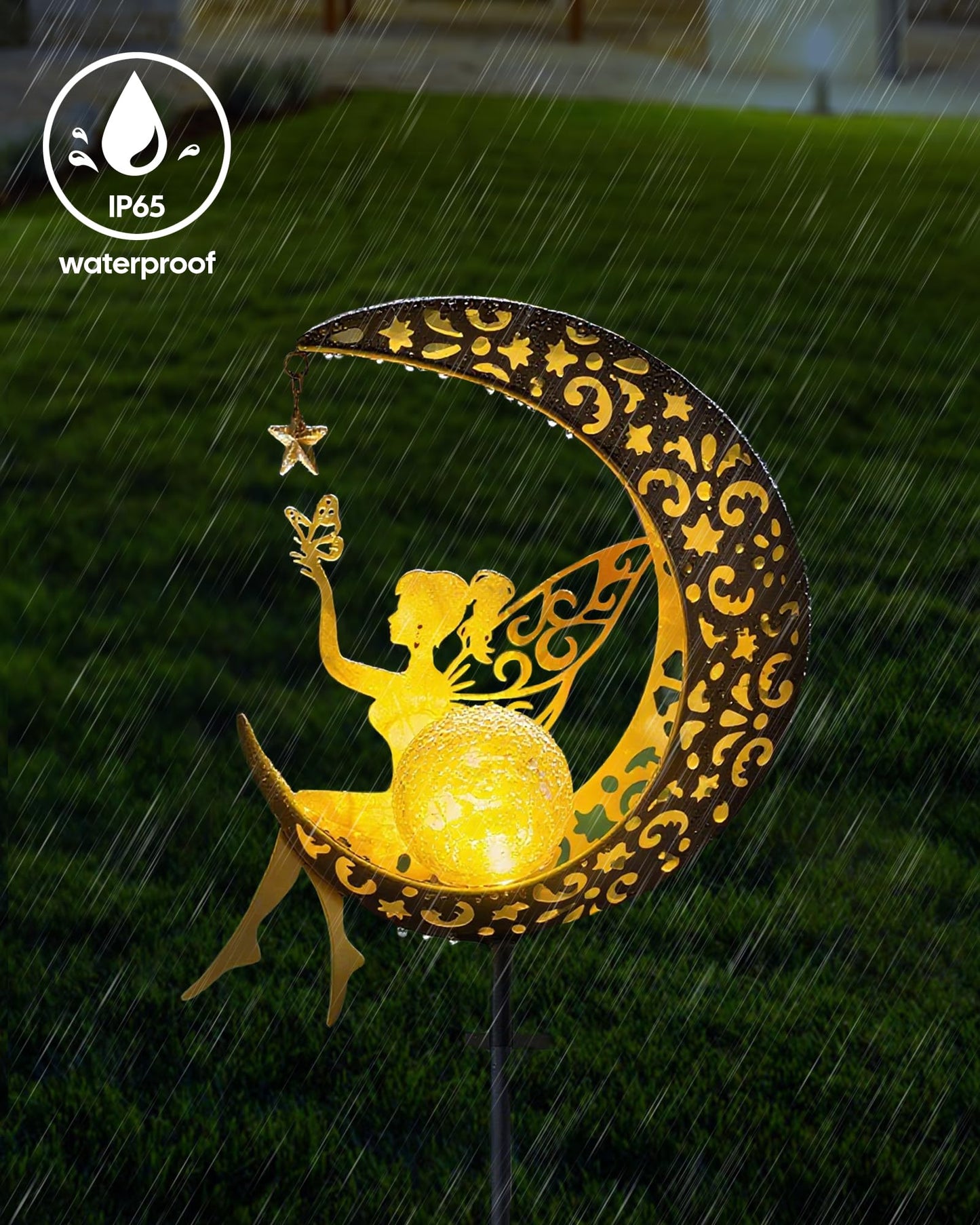 Vuees Solar Garden Statues Outdoor Decor, Fairy Moon Figurine Light Stake, Housewarming Ornament for Patio, Lawn, Yard, Pathway - Unique Gift Ideas for Gardening Mom Grandma