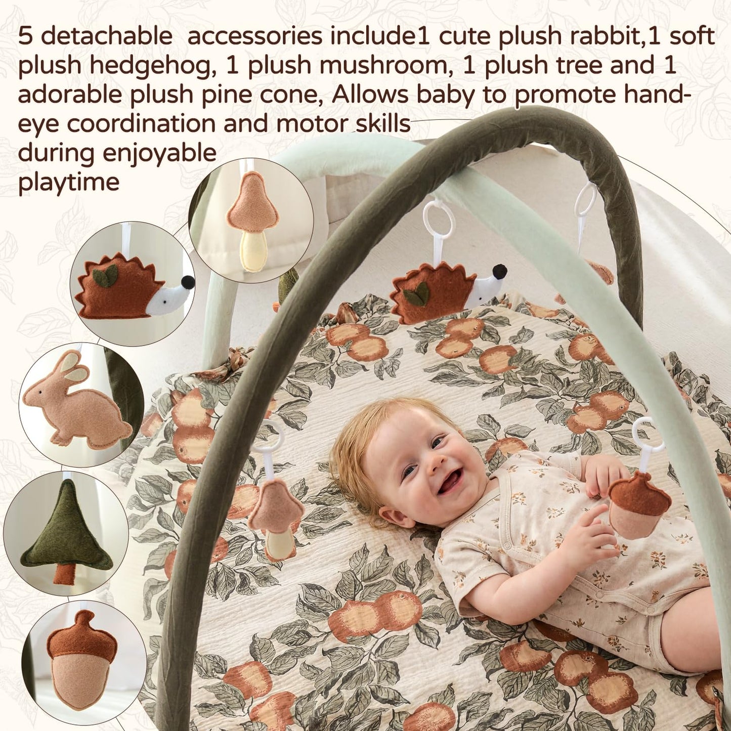 Baby Play Gym Play Mat, Infant Activity Center with 5 Sensory Toys 0–18 Months Developmental Tummy Time Mat, Baby Gym & Activity Mat Apple-Leaf Printed for Newborn Shower Gift Baby Essentials