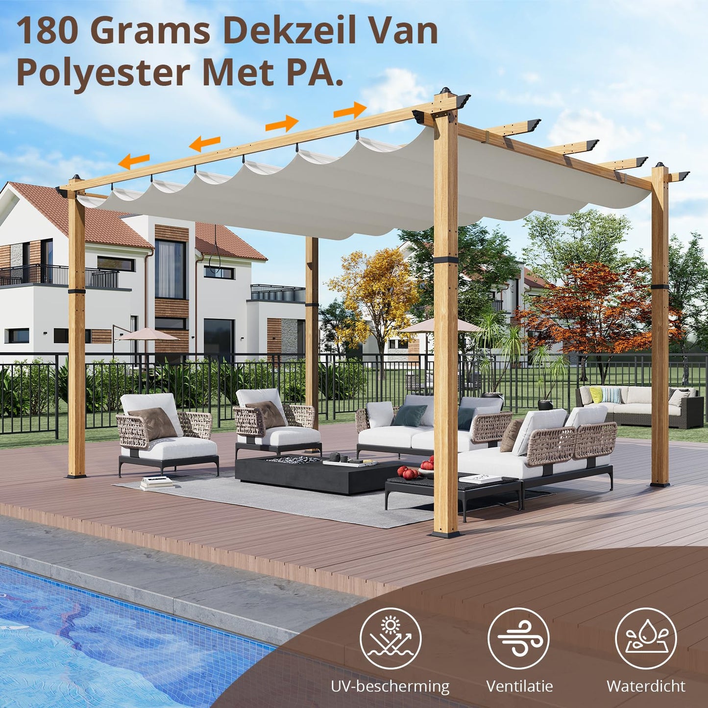 BouPower 10 x 13 ft Aluminum Pergola with Adjustable Canopy, Outdoor Metal Pergola, Imitation Wood-Grain Sun Shade Shelter for Garden Patio Backyard Deck