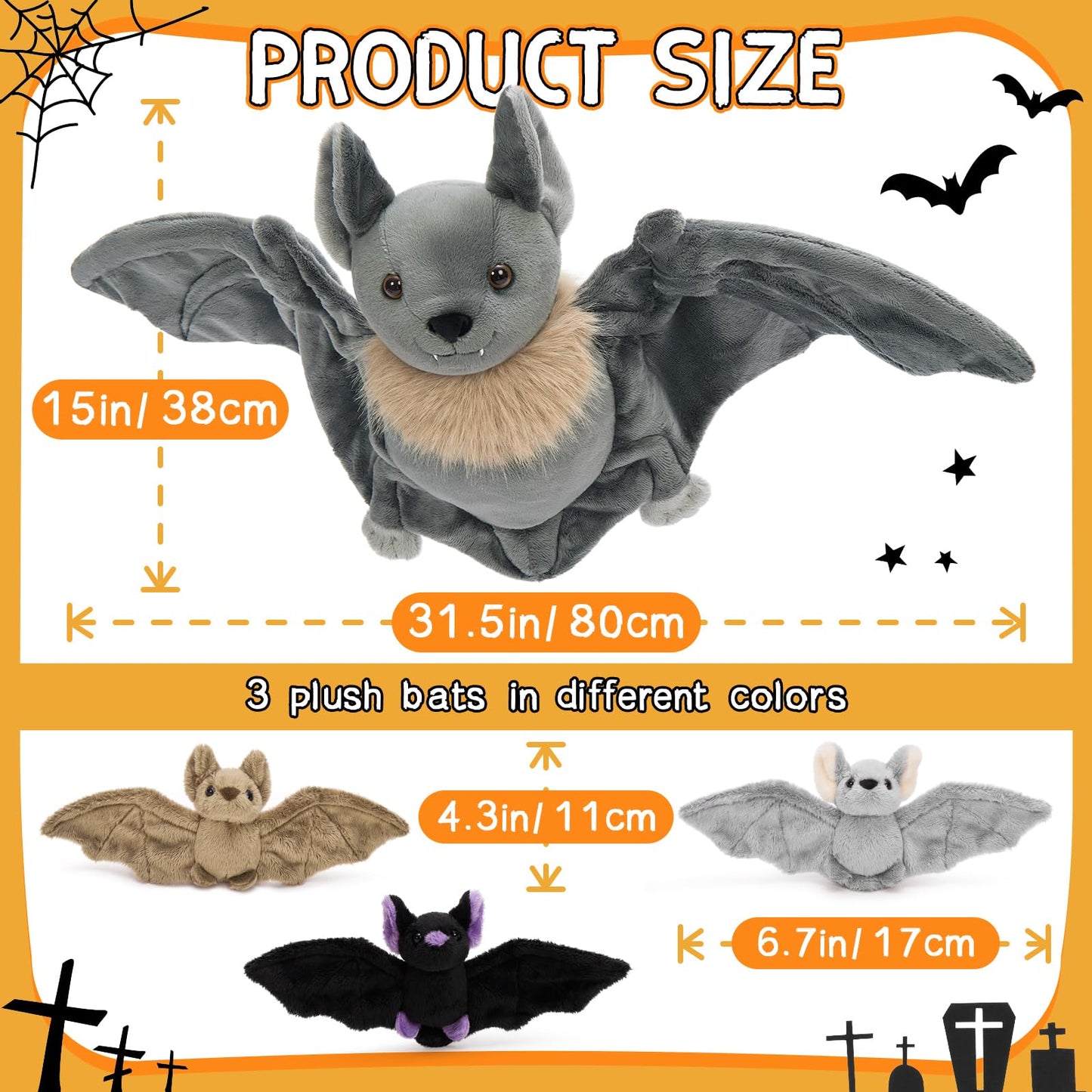 Tezituor 4Pcs Realistic Bat Stuffed Animals Set, 32inch Large Mommy Stuffed Bat with 3 Cute Babies for Boys Girls, Hugging Soft Bats Plushies Toy Gift for Halloween Party Decoration
