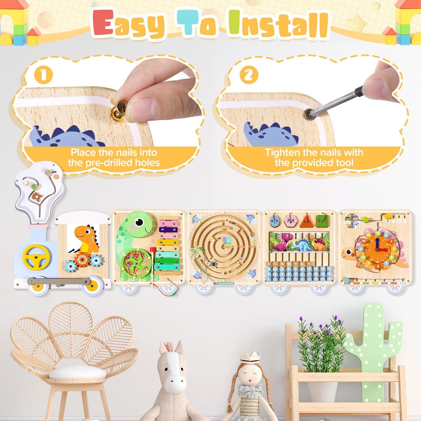 QIESIDM Train Activity Wall Busy Board,Wooden Montessori Sensory Toys,15-in-1 Sensory Wall Panel for Kids, Toddler Educational Toys for Playroom,Preschool,Daycare,Nursery,Classroom