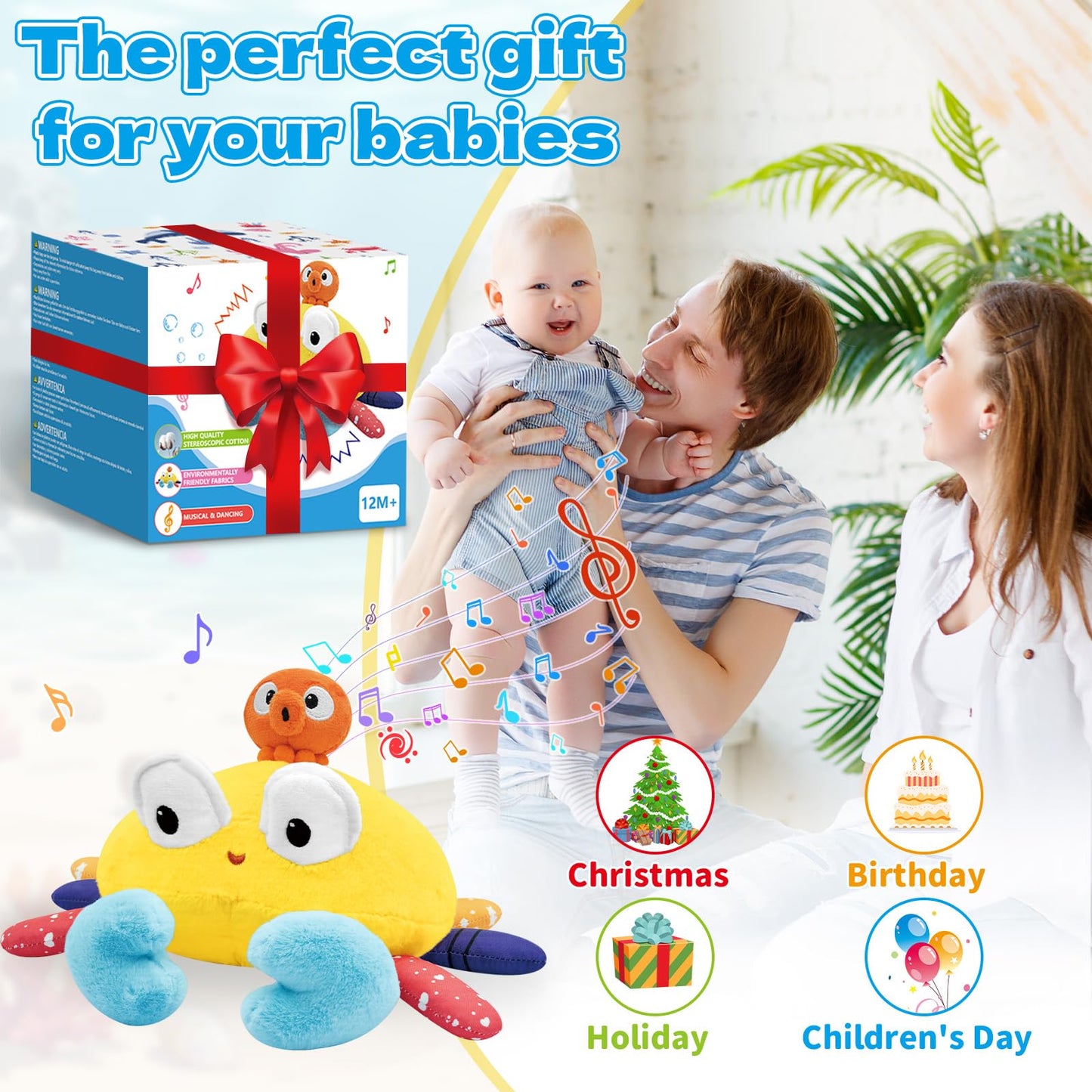 Infowush Baby Toys 6-12-18 Months - Musical Crawling Crab Plush Toy, Dancing Walking Bouncing Tummy Time Toy Interactive Sensory Learning Toys for Toddlers 1-3, Birthday Gifts for Infants Boys Girls