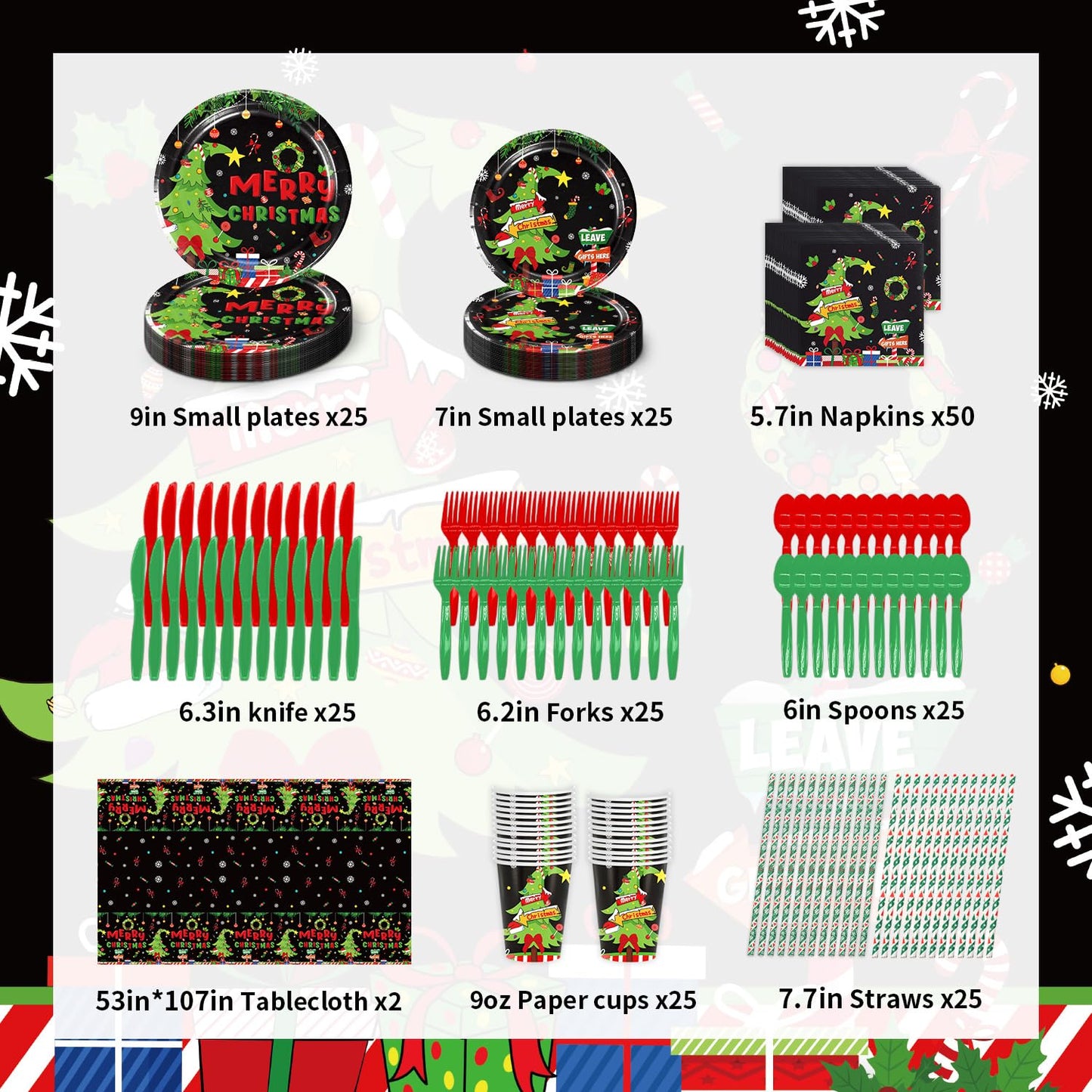 Christmas Novelty Party Tableware Set - Serves 25 Holiday Party Supplies, Disposable Plates, Tablecloth, Cups, Forks, Spoons, Knife, Napkins Dinnerware Utensils for Black Winter New Year Party