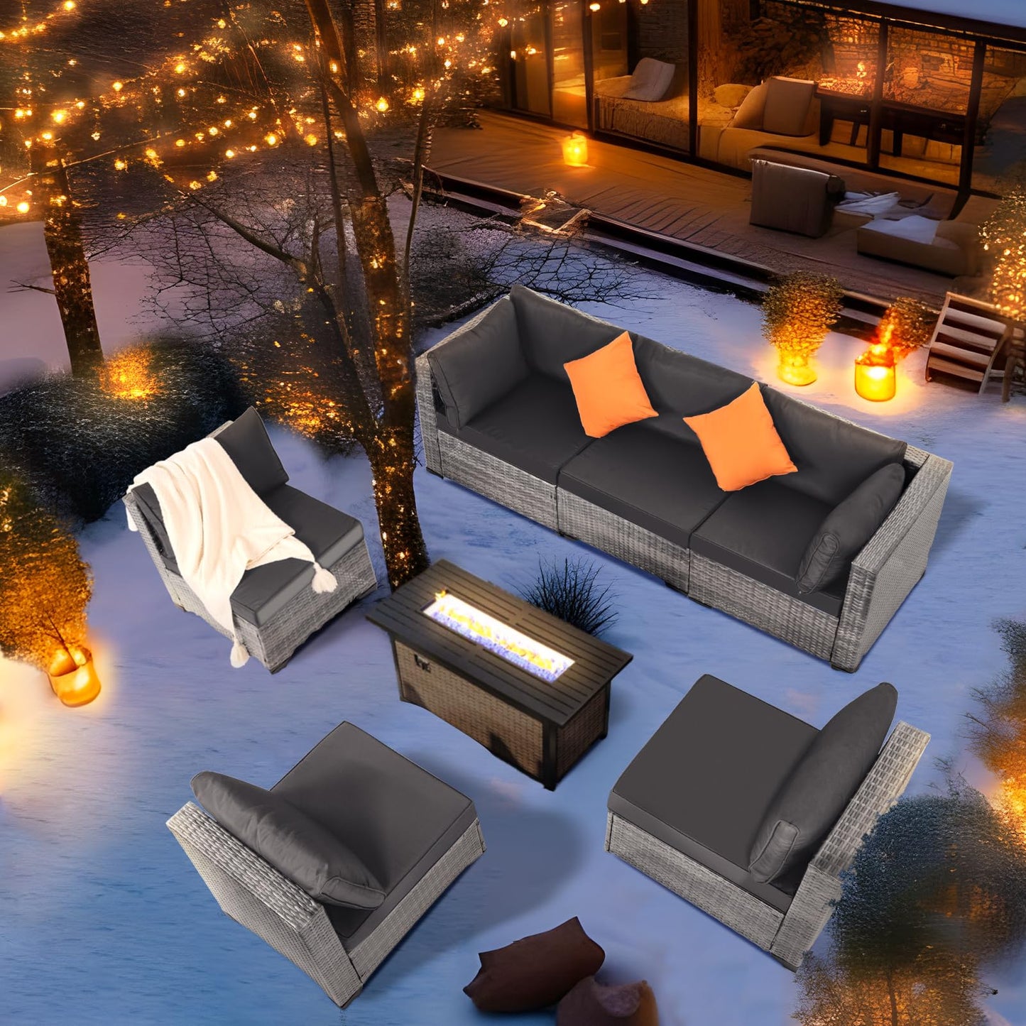 FHFO 7 Pieces Outdoor Patio Furniture Set, Outdoor Conversation Sets Wicker Sectional Couch Rattan Sofa with Thick Cushions & Coffee Table for Garden, Balcony, Backyard, Grey-Grey