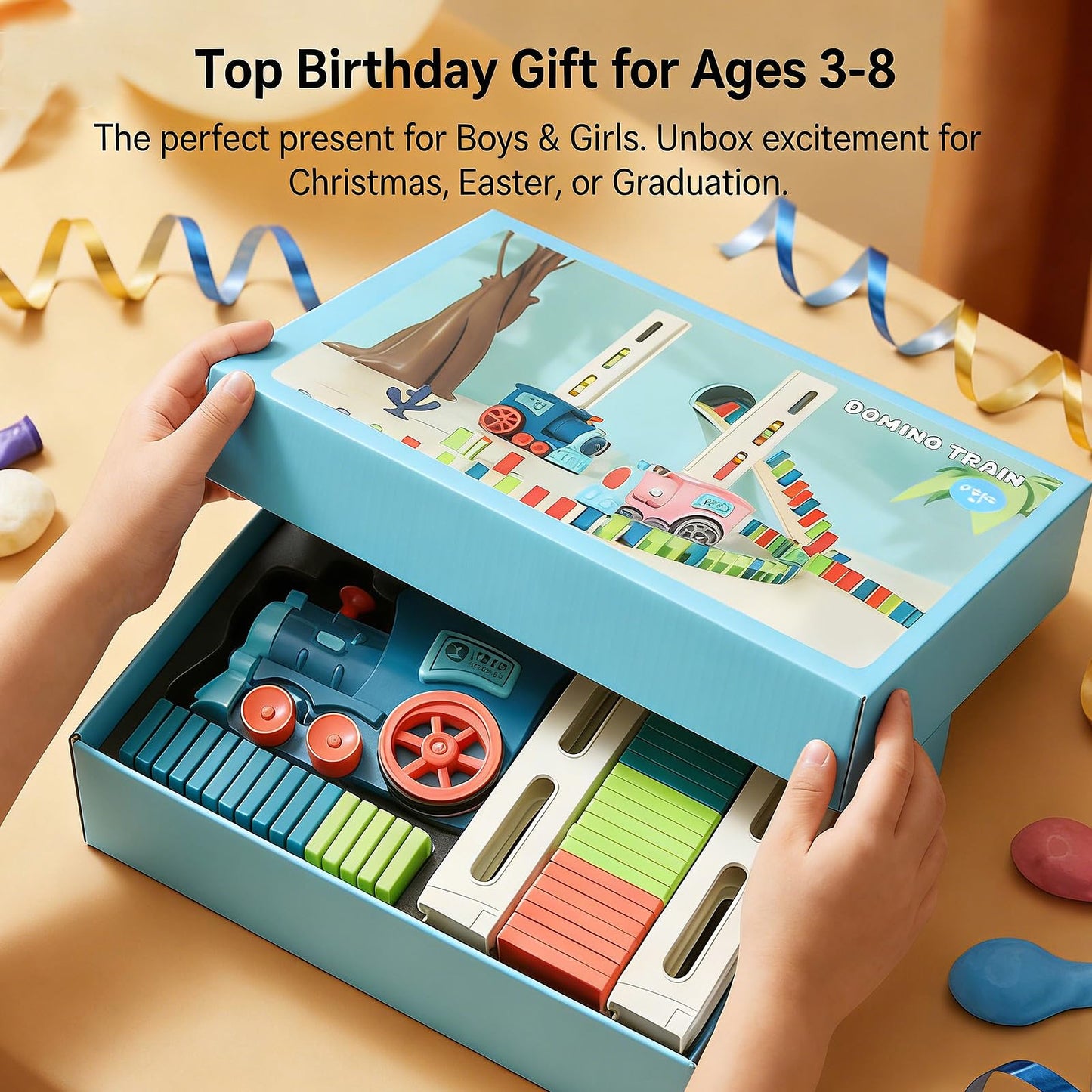 PREPHY Domino Train Toys Kids Games - Automatic Stacking Creative Game 3+ Year Old - Stem Montessori Toy for Boys 4-6 - Summer Autistic Christmas Birthday Gifts 5 6 Toddler Ages 4-8