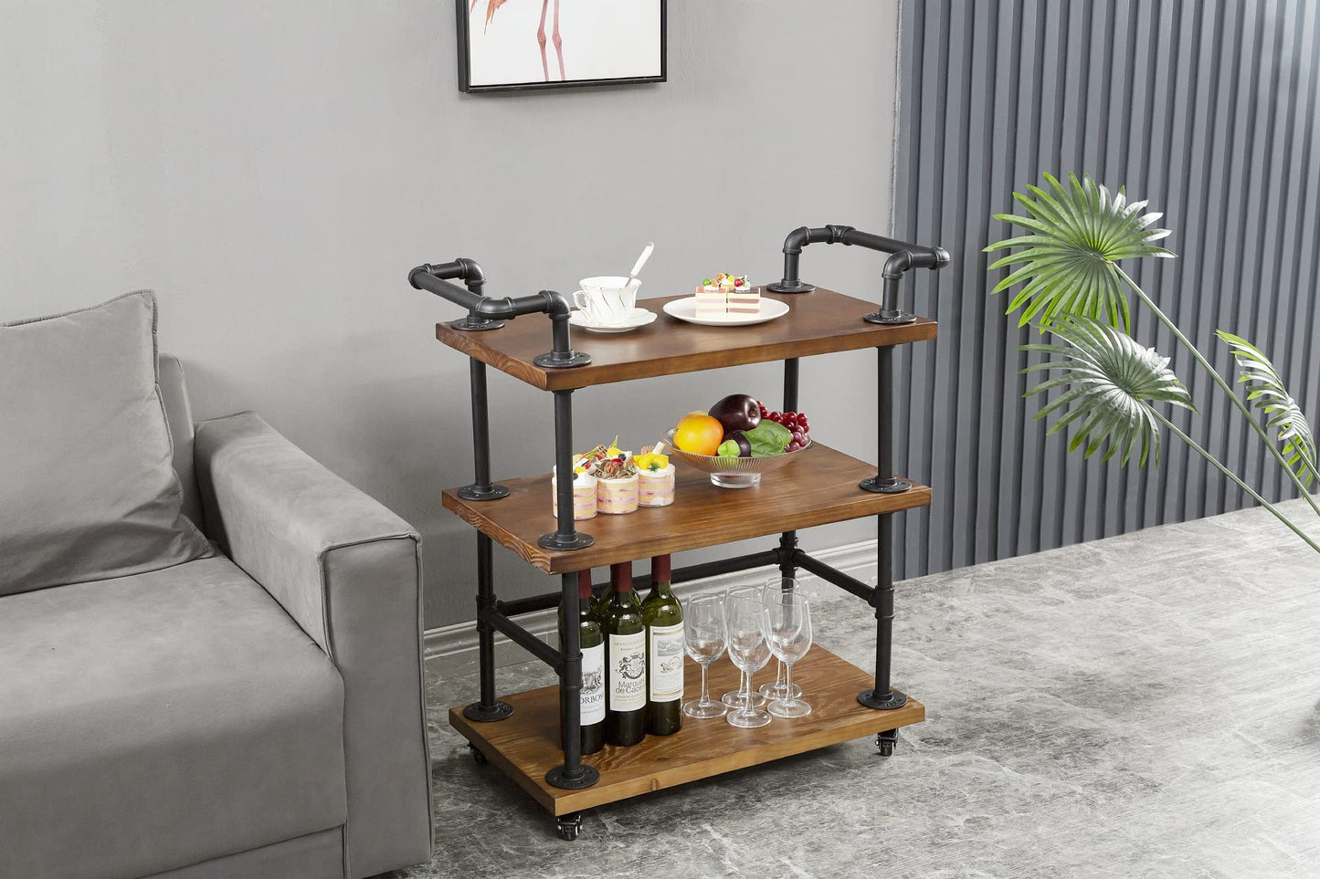 DOFURNILIM Industrial Pipe Bar Carts/Serving Carts/Kitchen Carts/Wine Rack Carts on Wheels with Shelves - Wood Rolling Carts - Wine Tea Liquor Shelves/Holder - Home Furniture