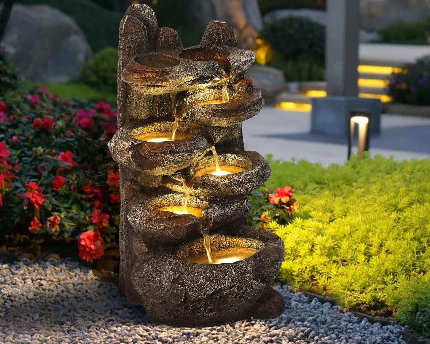 TITIMO 6-Tier Cascading Rock Water Fountain Outdoor Garden Waterfall with Lights,Fountain Indoor Decor for Garden, Patio, Backyard, Deck, Porch and Home Art Decor (Smal)