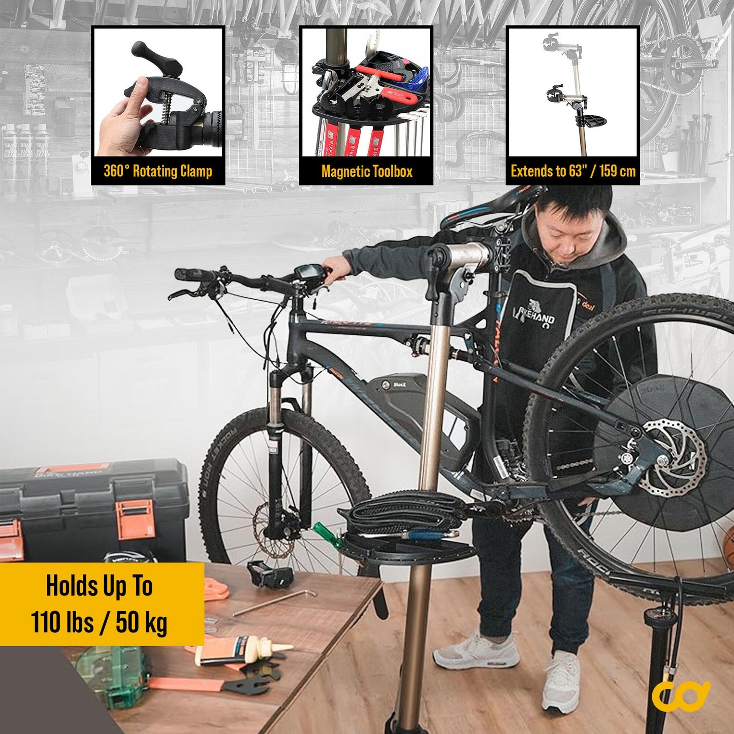 BikeHand Bike Repair Stand - Home Portable Bicycle Mechanics Workstand - for Mountain MTB Road Bikes Maintenance - Max. 110 lbs