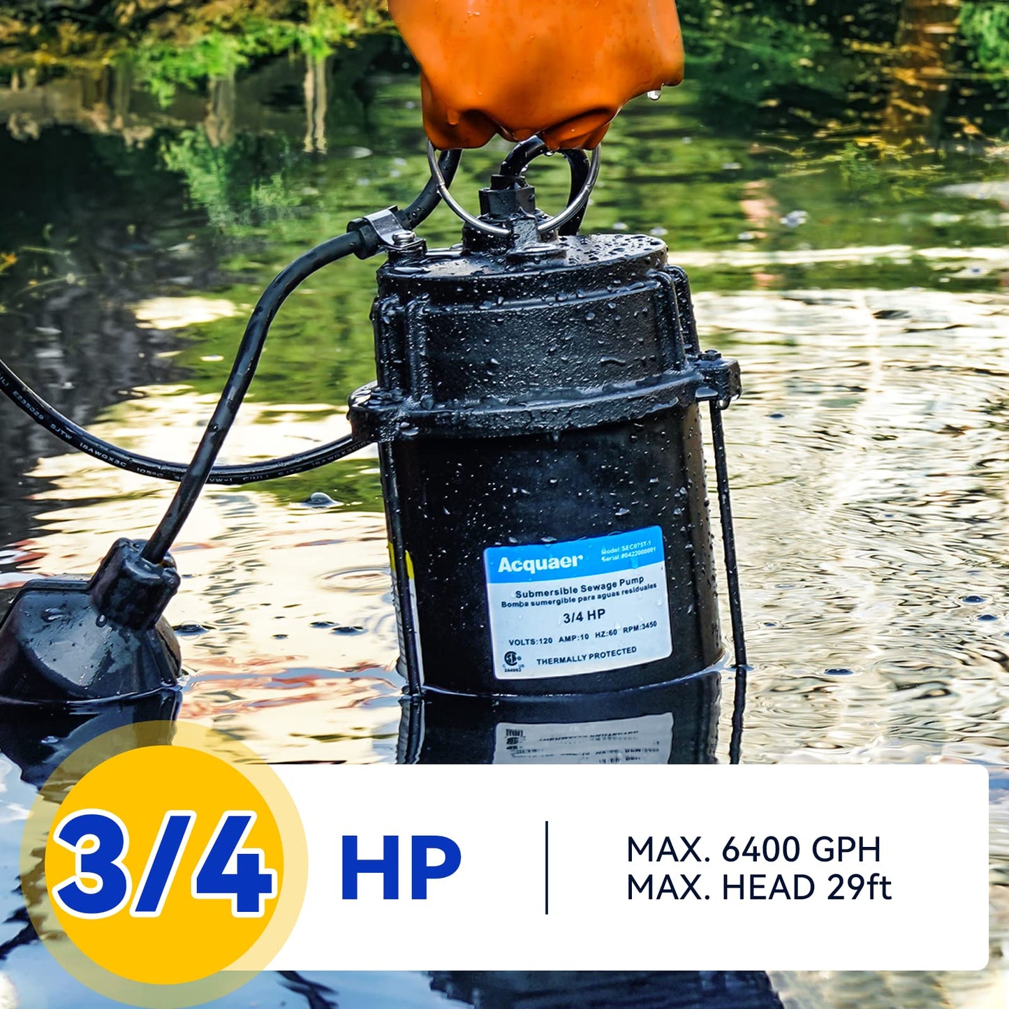 Acquaer Sewage Pump Submersible Water Pump with Automatic Float Switch, for Sump Basin, Residential Sewage, 3/4 HP 6400 GPH Sewage Pump 2'' NPT