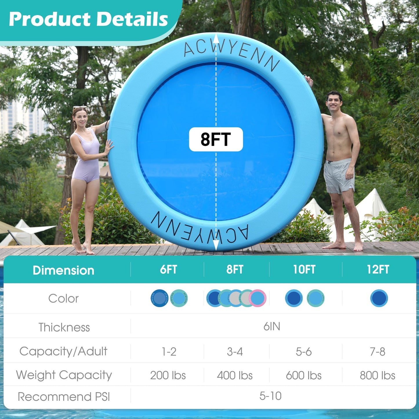 ACWYENN Inflatable Water Hammock Floats for Adults Round Floating Ring Hammock for Lake Pool Beach (8FT Blue)