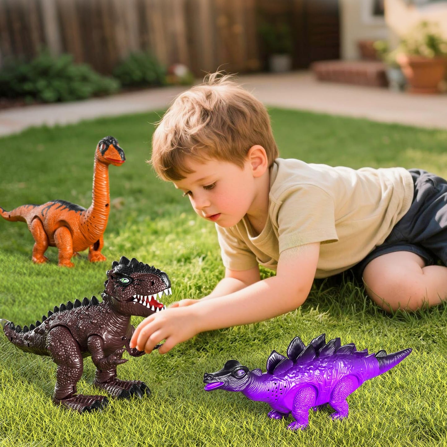Lucky Doug 3 Pack Electric Realistic Dinosaur Toys with Simulated Sounds & Lights for Boys Kids Aged 3 4 5 Years Old - Perfect Jurassic Tyrannosaurus Rex Gift for Birthday 3-5 Years