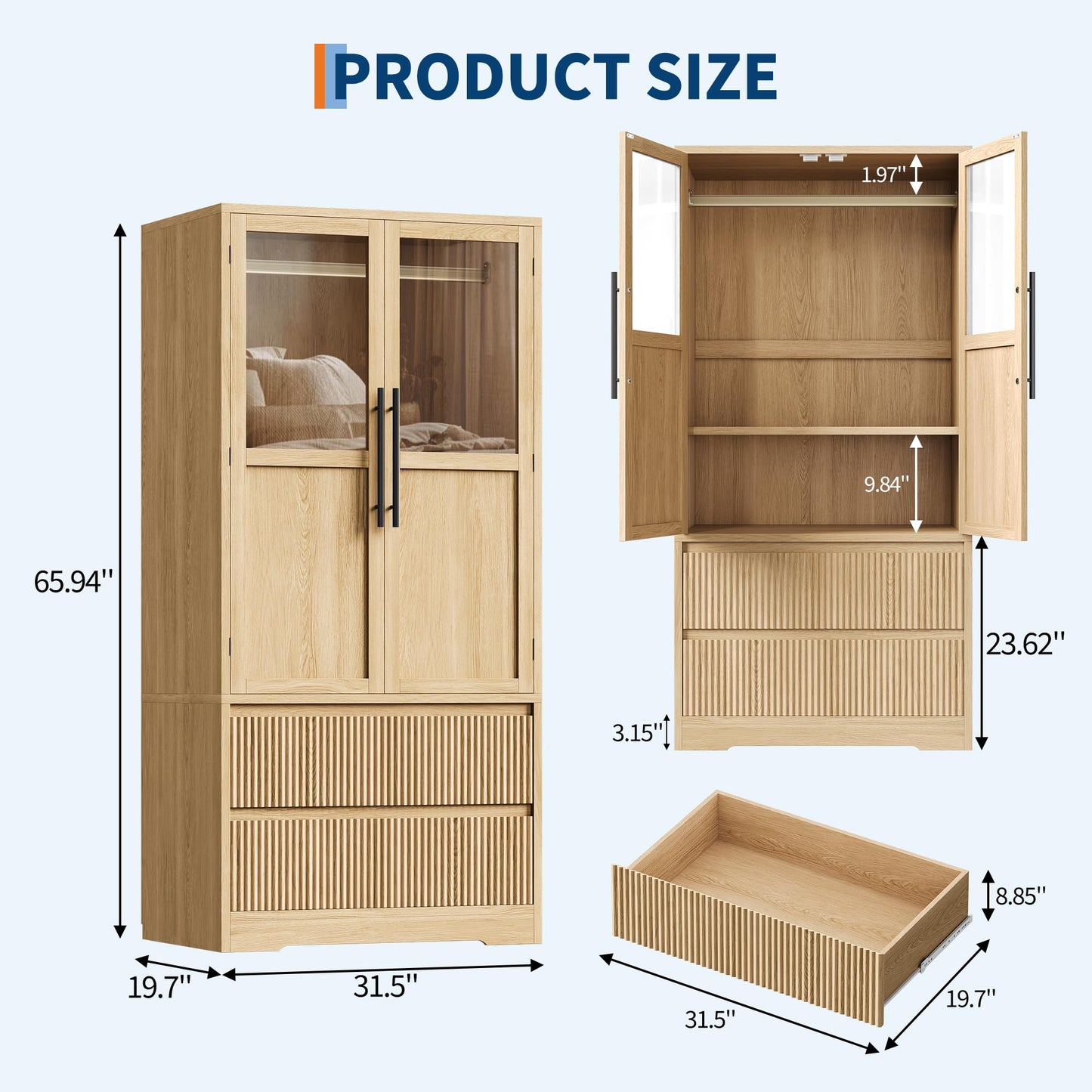 GarveeHome Armoire Wardrobe Closet with 2 Glass Doors & 2 Fluted Drawers, Wooden Wardrobe Storage Cabinet Closet w/Hanging Rod & Shelves, Large Capacity, Freestanding for Bedroom, Clothes, Natural