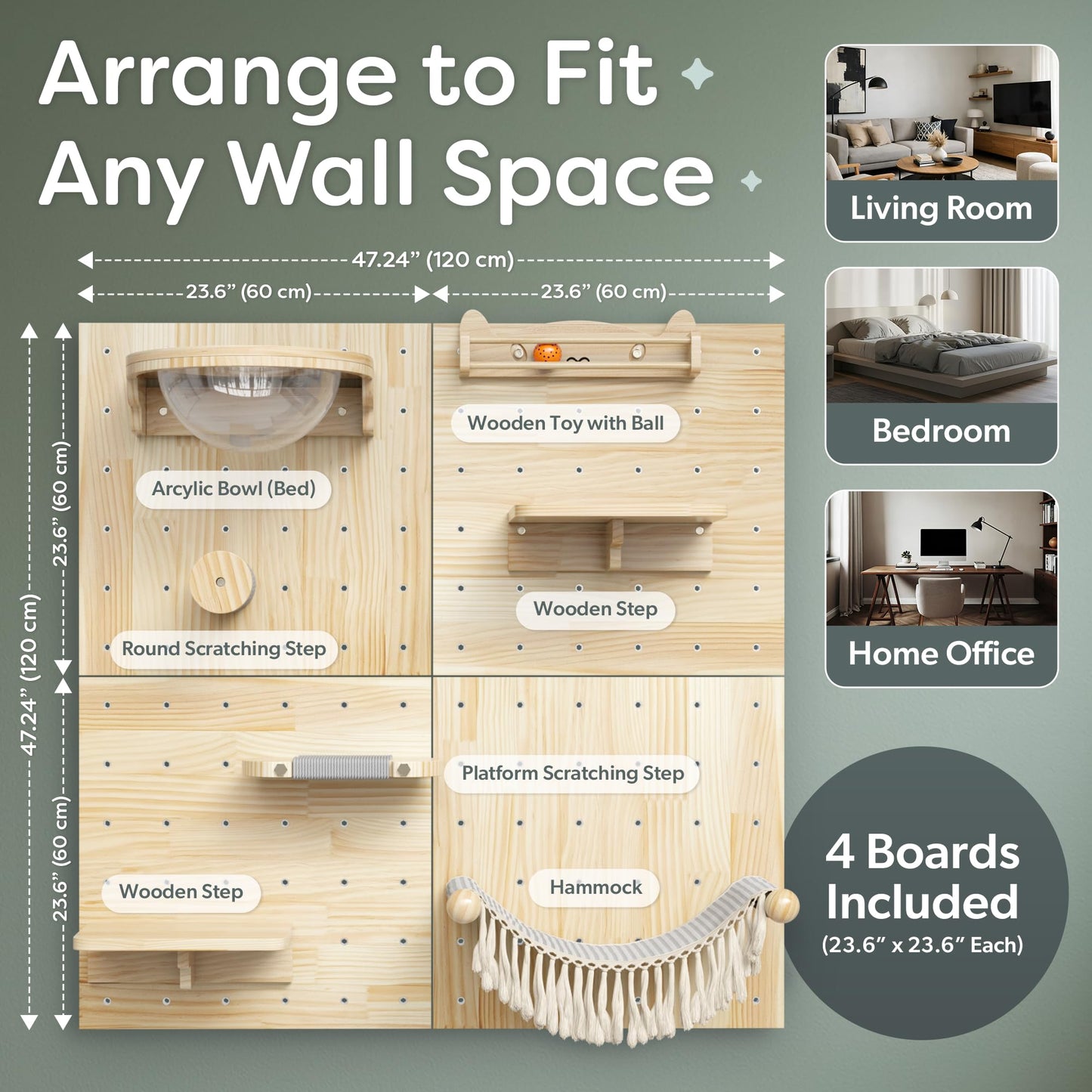 Ardilla & Co. Cat Wall Furniture – Wall-Mounted Modular Wooden Boards with 7 Moveable Accessories, Cat Wall Shelves, Hammock, Climber Steps, Perches, Walkways, Toy & Acrylic Bowl!