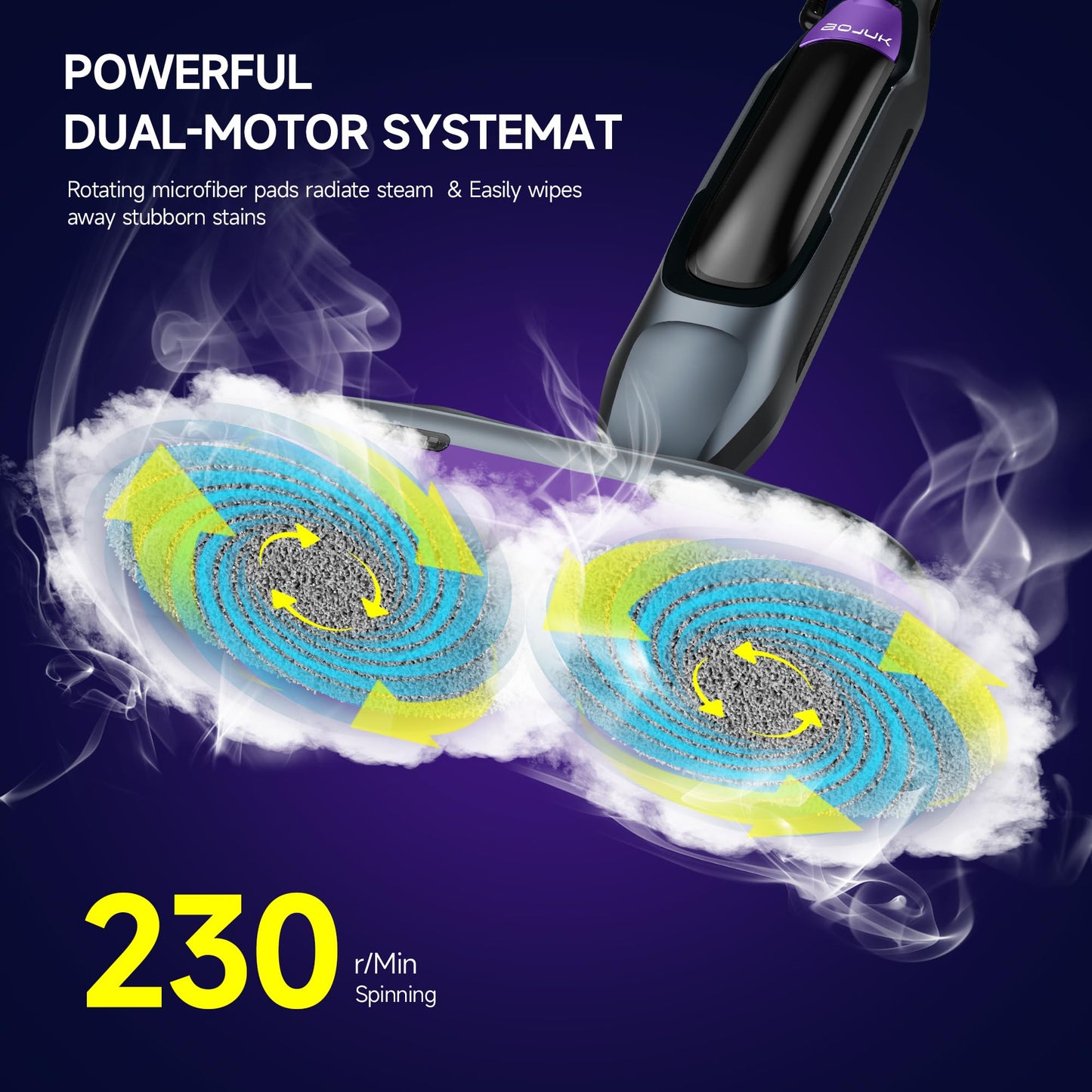 BOJUK Scrubbing Steam Mop, Steam Mops for Floor Cleaning with Rotating Pads, 4 Cleaning Modes & LED Headlights, Swivel Steering,Safe for all Sealed Hard Floors F2