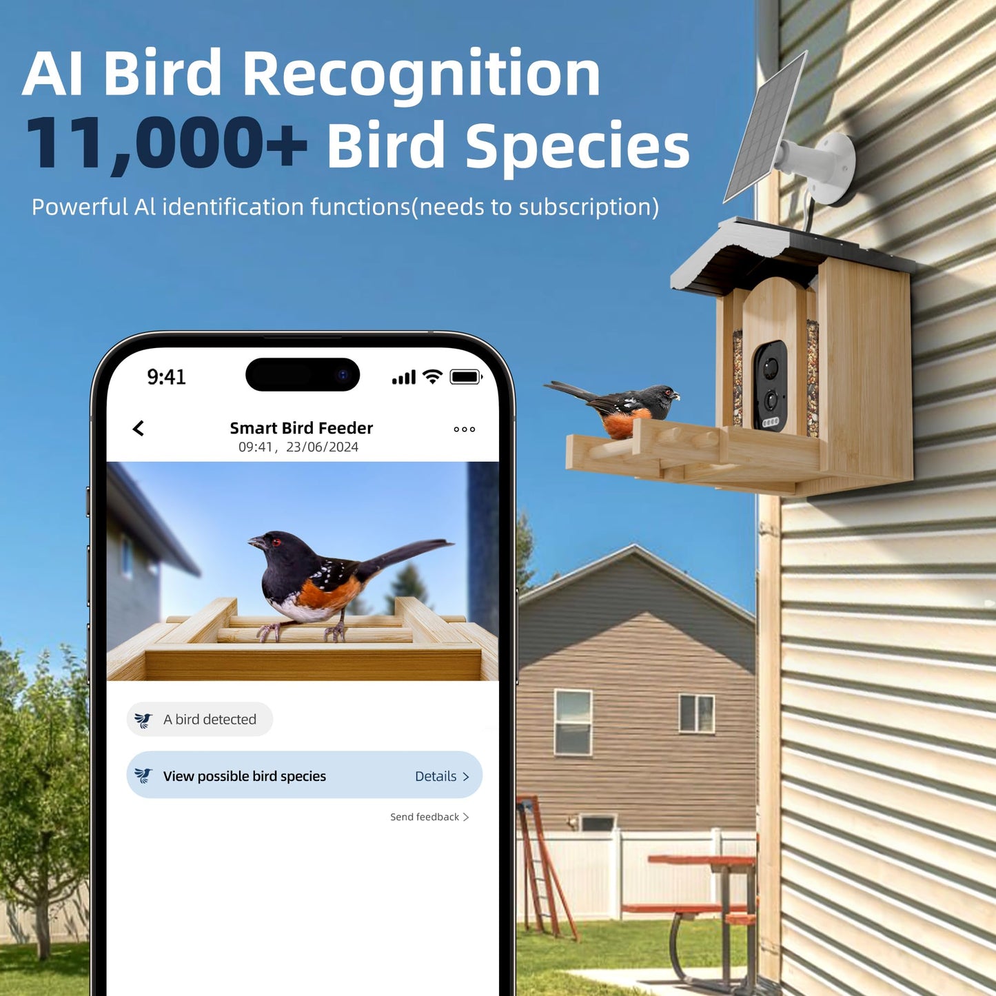Smart Bird Feeder with Camera, Wild Bird Feeder for Outdoors Bamboo Bird House Watching Camera with AI Identify 11K+ Birds Species & Real-time Notifications, Gifts for Mom Dad Birdlovers, Gable