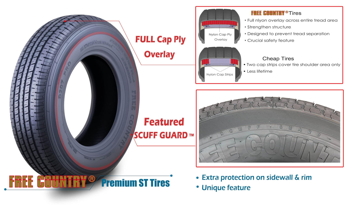 Free Country Grand Ride Set 4 Trailer Tires ST225/75R15 10 Ply Load Range E Steel Belted Radial w/Featured Scuff Guard