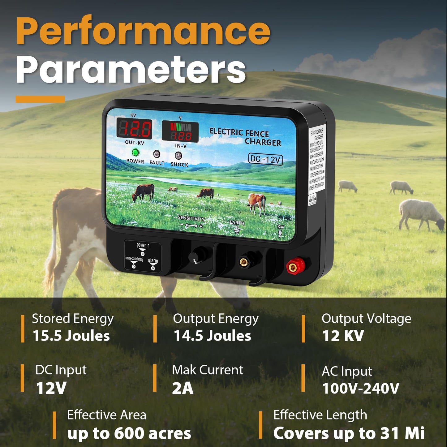 Watpumper 15.5 Joule Electric Fence Charger, 12KV Output, 600 Acres Coverage, DC 12V/AC 100-240V Input, Electric Fence Energizer with Alarm for Cattle, Cow, Goat, Horse, Livestock Protection, YMD-Q780