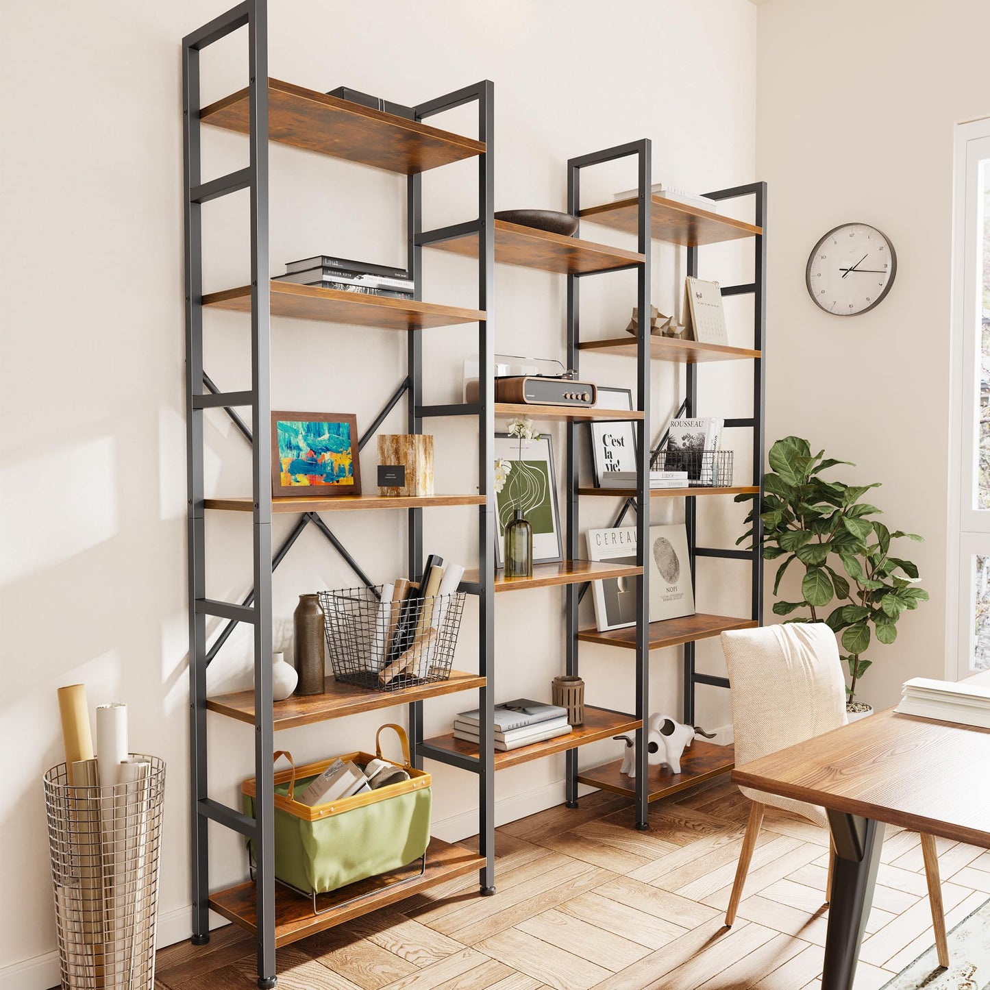 SUPERJARE Triple Bookshelf, Bookcase with 11 Open Display Shelves, Wide Book Shelf Book Case for Home & Office, 5 Tier, Rustic Brown