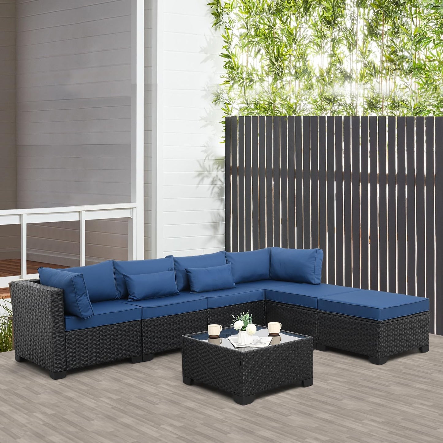 Lviden 7 Pieces Outdoor PE Wicker Furniture Set Patio Rattan Sectional Conversation Sofa Set with Navy Blue Cushions and Glass Top Table