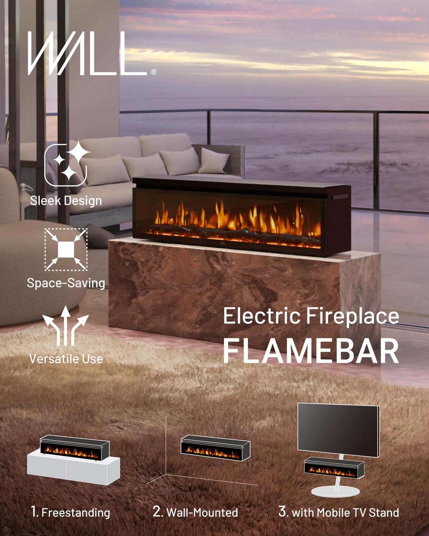 WALL FLAMEBAR Electric Fireplace Freestanding, Wall Mounted, Movable w/TV Stand – WiFi Enabled,750/1500W Heater, 1500 Flame Color Combinations, for Living Room or Bedroom, Modern 40" Wide
