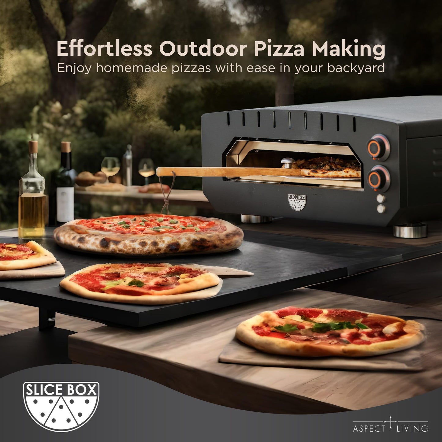 Aspect Living Slice Box Outdoor Electric Pizza Oven, Countertop Cooking, Heats Up to 750 Degrees, Digital Thermometer, Pizza Stone, and Pizza Peel Included, Perfect for Indoor and Outdoor Use - 64900