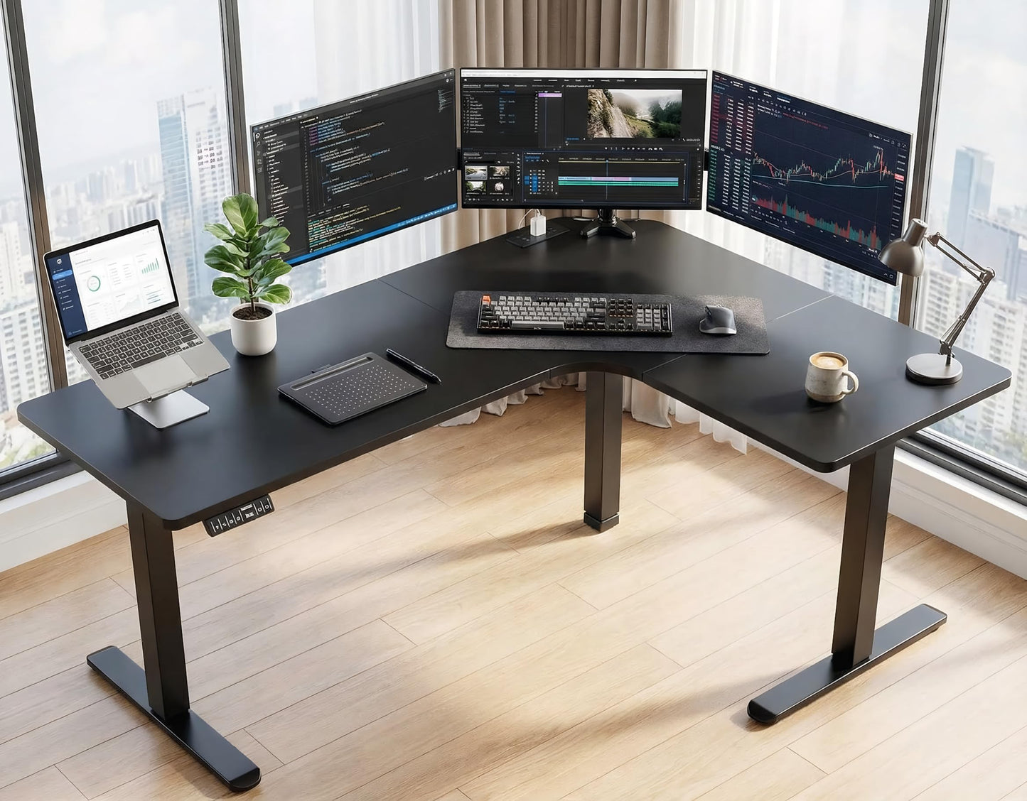 HUANUO 63″ Dual Motor L-Shaped Standing Desk, Built-in Power Outlets, Electric Height Adjustable Corner Computer Desk, Large Power Strip Holder, Sit Stand Up Desk with 3 Preset Heights, Black