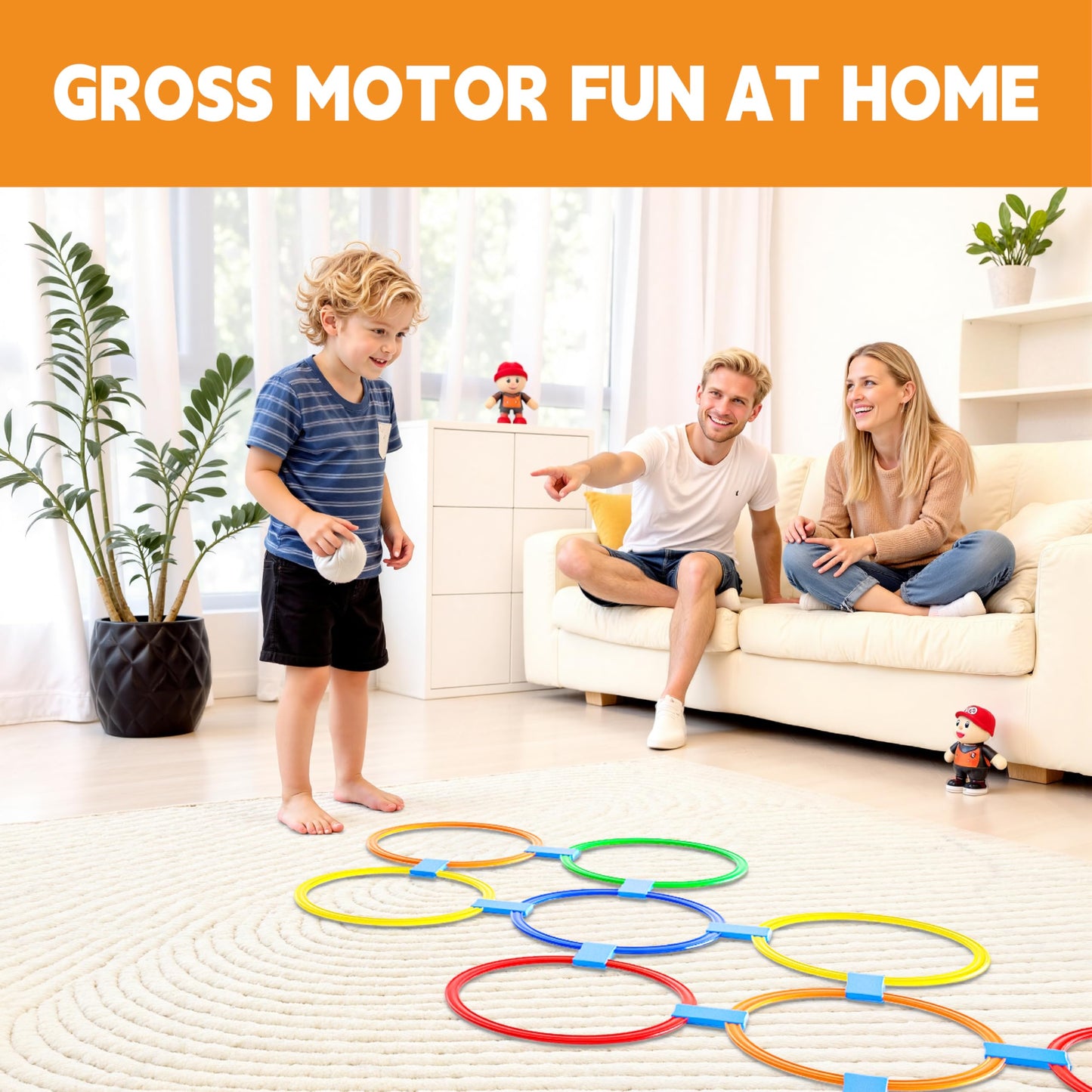 Oranmew Hopscotch Rings – Hoop + Square, 2-Set – (10 Round + 10 Square, 15-inch) + 30 Connectors, Agility Rings for Kids, Gross Motor Skills, Preschool & Kindergarten PE, Playground Obstacle Course