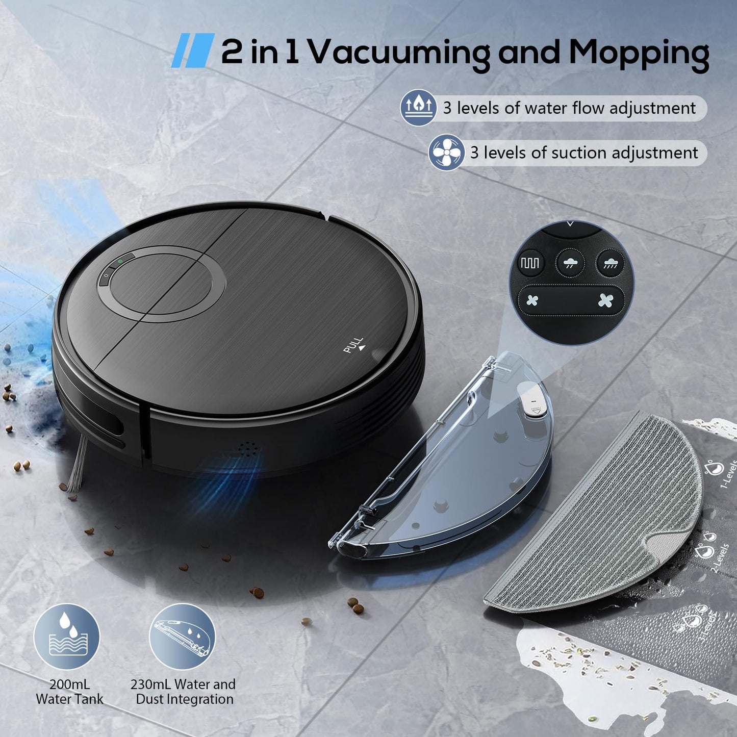 UMMUND Robot Vacuum, 2 in 1 Robot Vacuum and Mop Combo with Schedule, 2000Pa Suction, Wi-Fi/App/Remote, Self-Charging, Ideal for Hard Floor, Pet Hair, Low-Pile Carpet