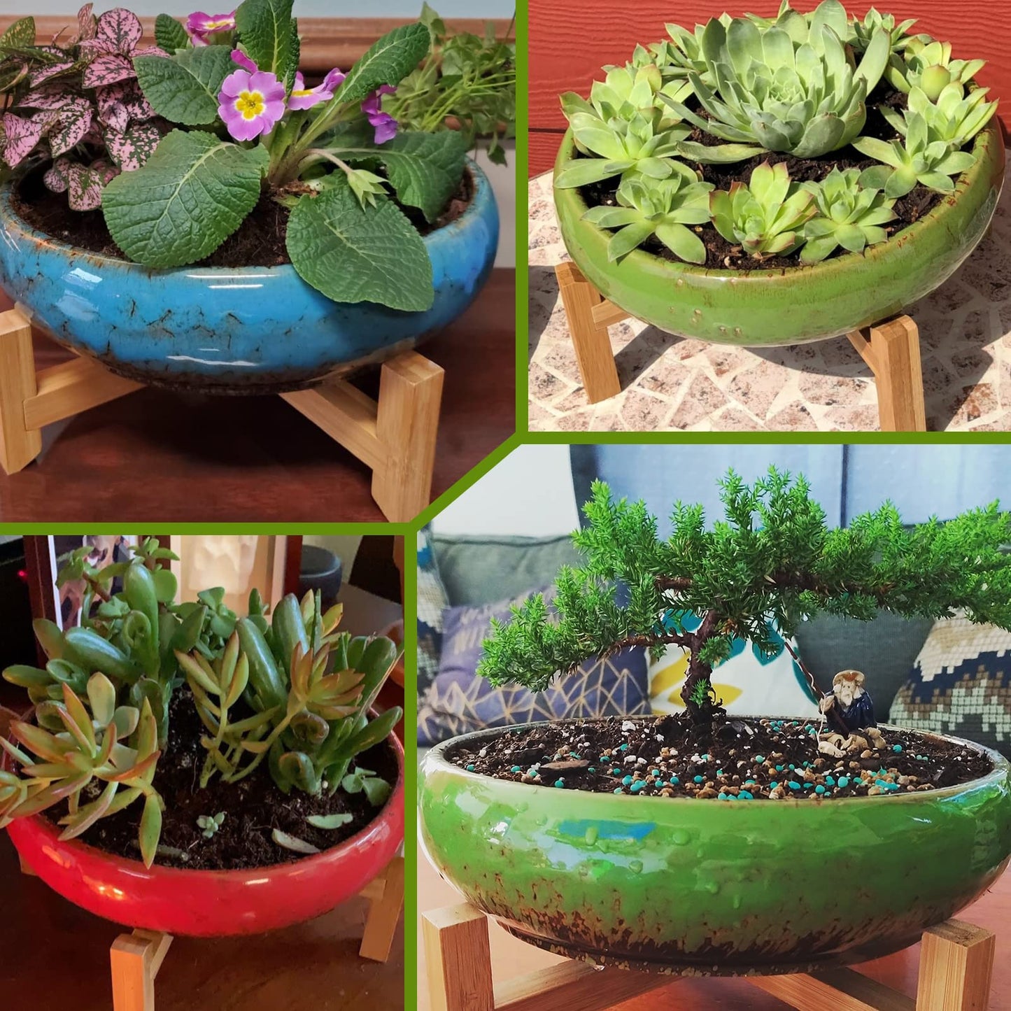Succulent Pots, Large Succulent Planter with Stand, 7.3/10 Inch Bonsai Planters with Drainage Trays Ceramic Pot for Indoor Cactus Flower Plants Set of 2