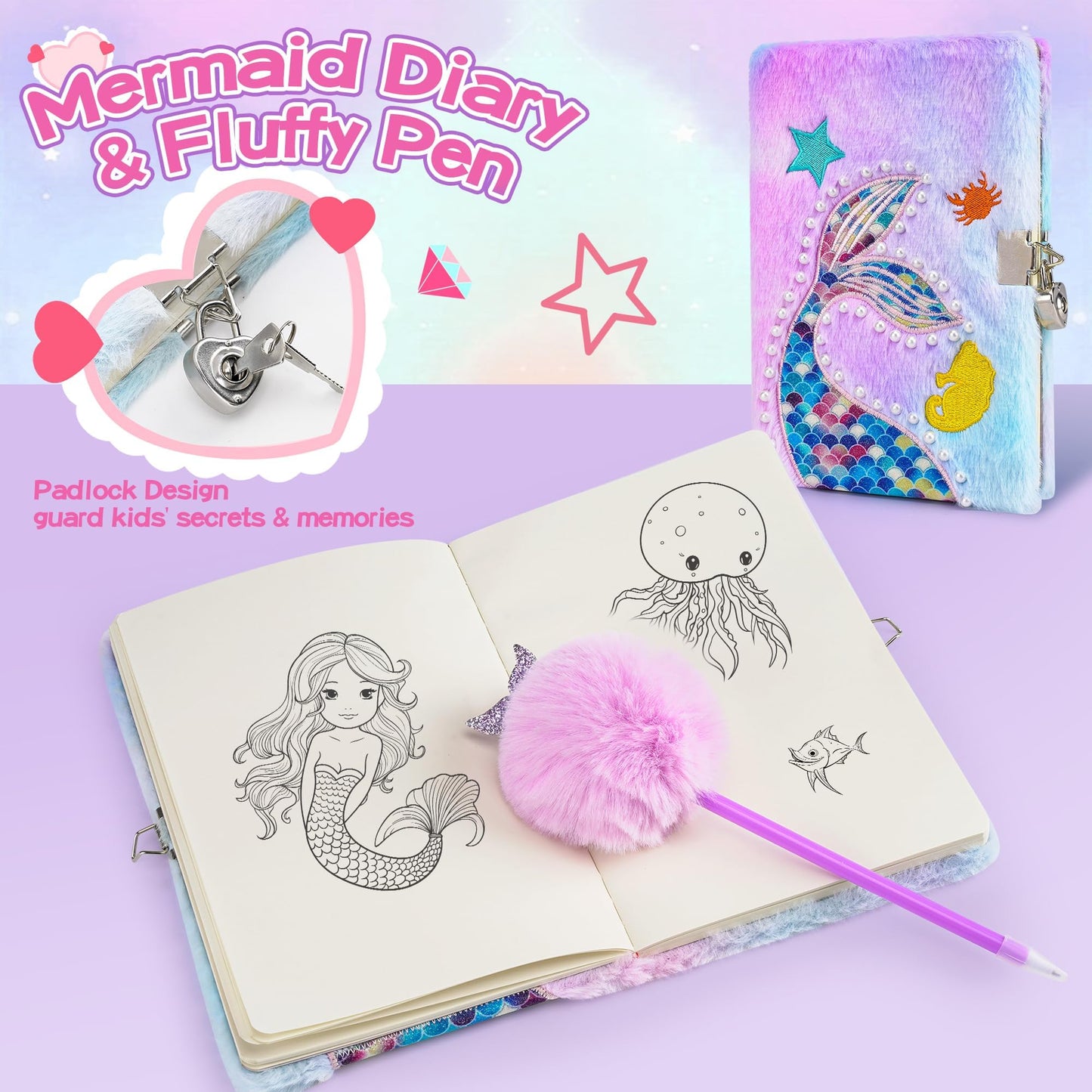 Cherry Tale Mermaid Gifts for Girls Toys Age 6-8, Kindergarten Graduation Gifts for Girls Age 4-6, Birthday Gifts Set with Plush Diary Kit, for Daughter Niece 5 6 7 8 9 10 Year Old
