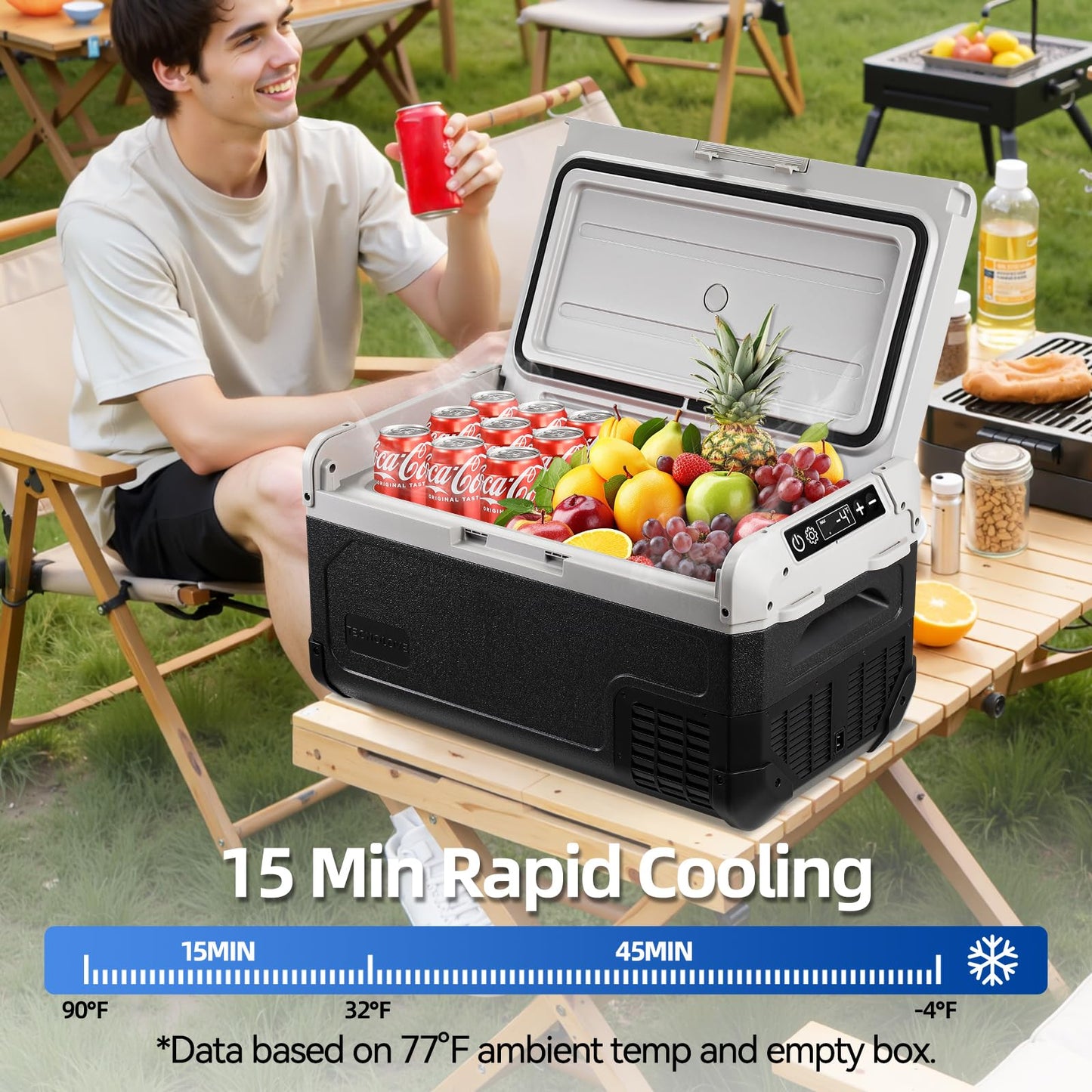 Tecnolove 12V Car Refrigerator,32QT Portable Fridge Freezer with Blow Expansion Evaporator,-4℉~68℉ 12/24V DC & 120-240V AC Freezer Cooler for Truck RV SUV Camping Travel,Reversible Door