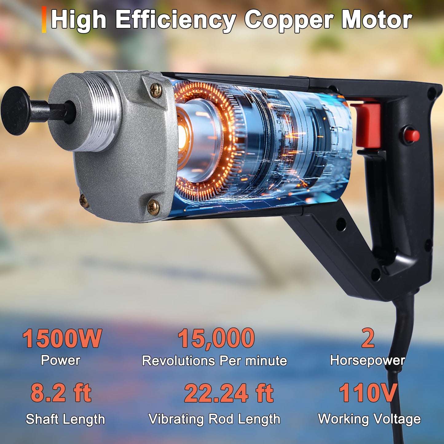 BIZOEPRO Hand Held Power Concrete Vibrator 1500W 15000rpm With 8.2ft 2.5M Shaft Rod Electric Concrete Vibrabrater Portable Construction Pencil Vibrator