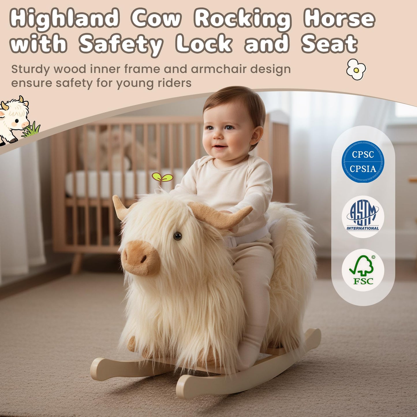 Baby Rocking Horse,Highlander Cattle Toddler Rocking Toy for 1+ Year Old Cute White Cow Stuffed Cow Rocker Toy Rocking Animal for Baby Boys and Girls Nursery/Child Christmas or Birthday Gift