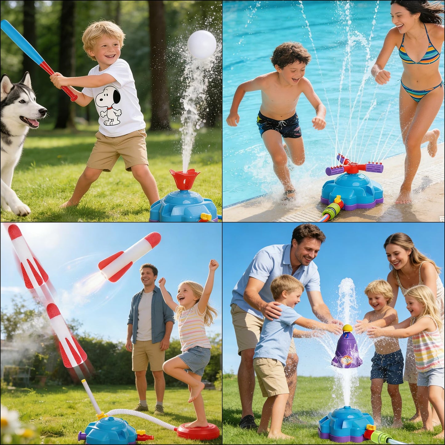 4-in-1 Water Sprinkler for Kids, Water Sprinkler Baseball Toy, Rocket Sprinklers, Rocket Launch Game, 360°Rotating Sprinklers Outdoor Summer Toys for Boys Girls