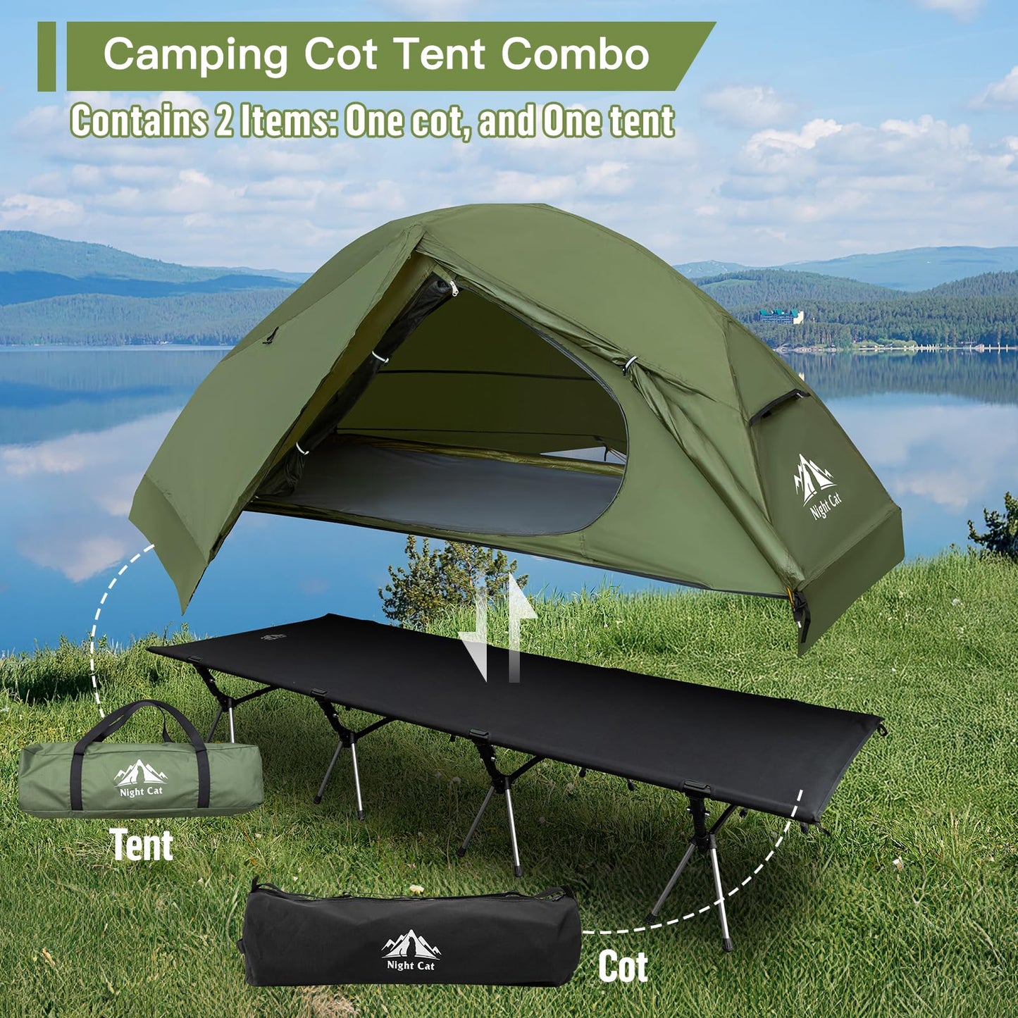 Night Cat Camping Cot Tent - Waterproof 1-Person Off-Ground Combo Cot Bed for Adults Portable Easy Set-up Tent Green 27.5'' Width