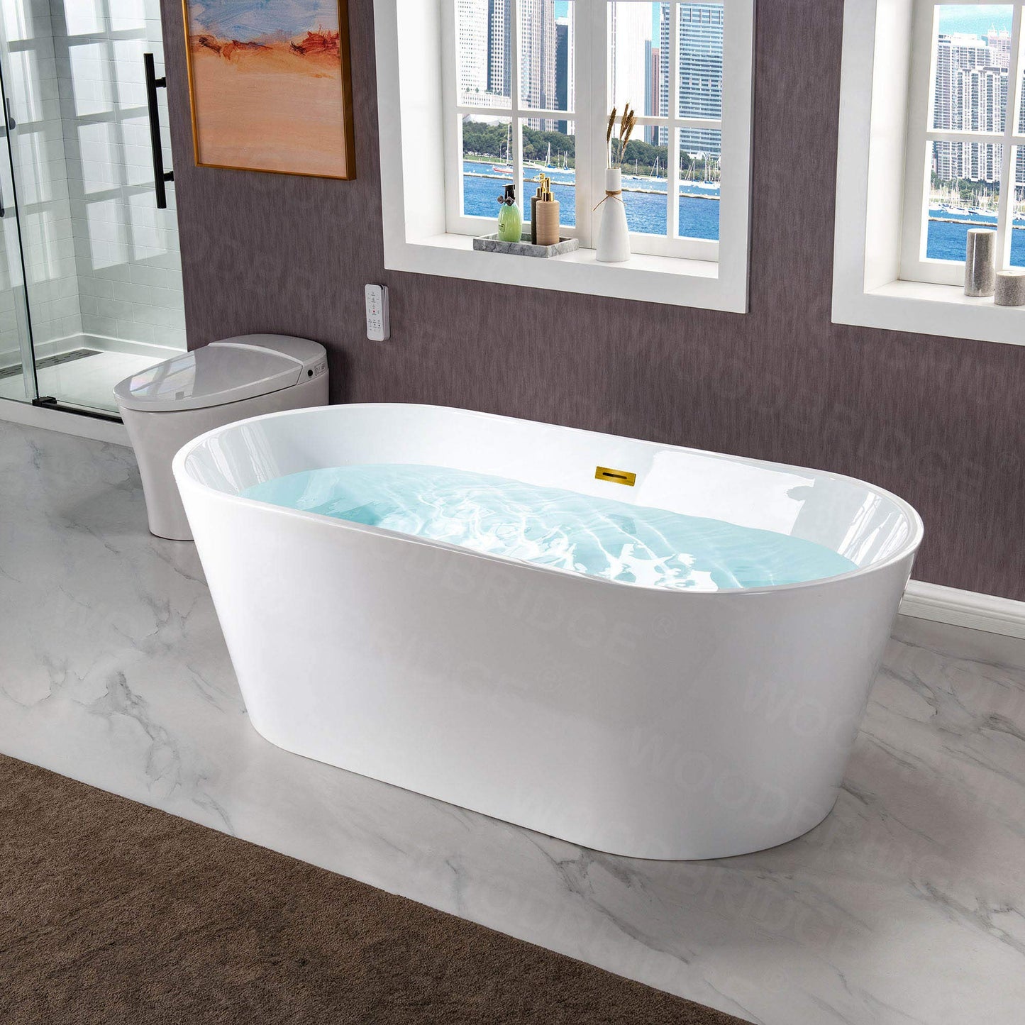 WOODBRIDGE 67" Acrylic Freestanding Bathtub Contemporary Soaking White Tub with Brushed Gold Overflow and Drain,B0013-BG
