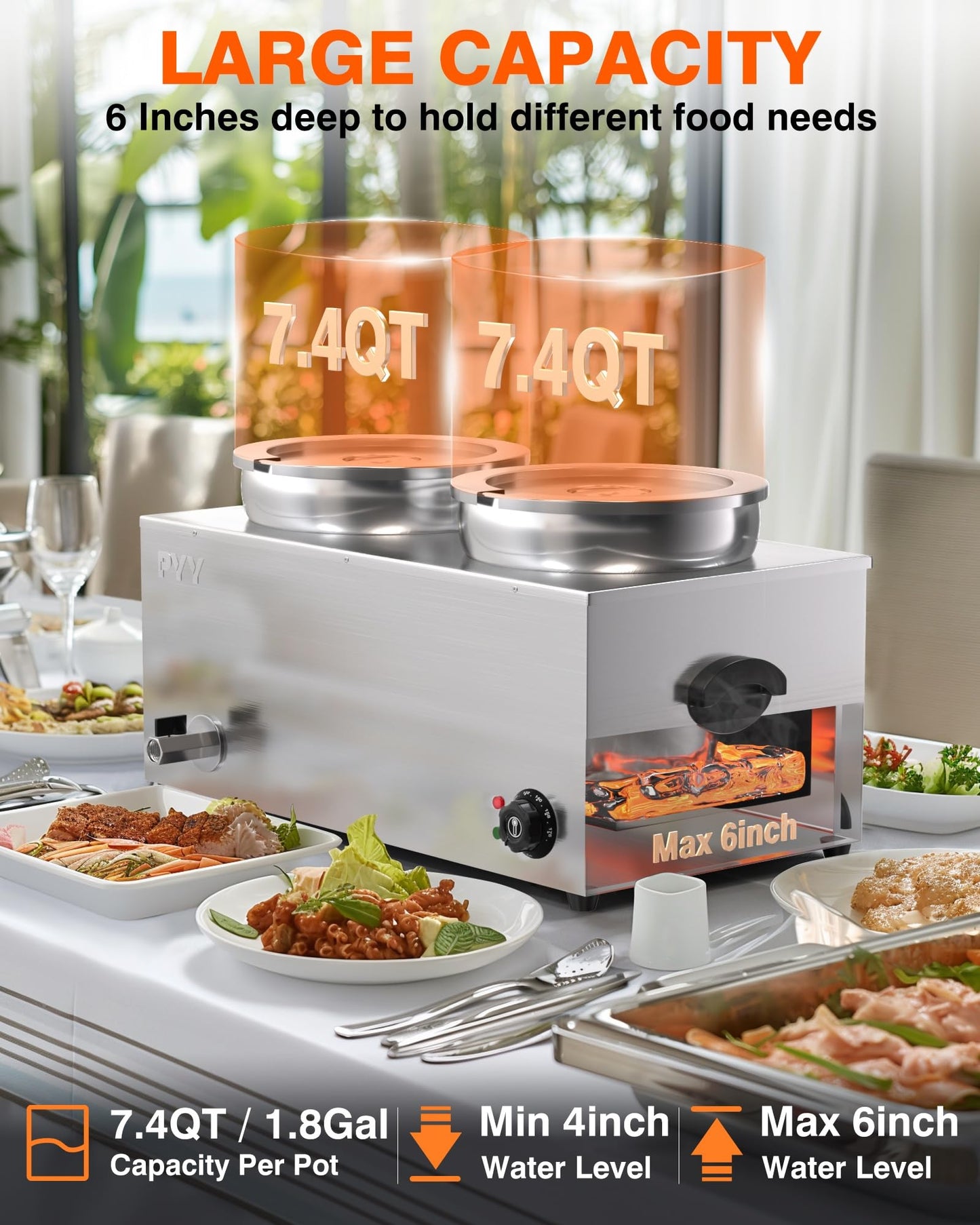 PYY Soup Warmer Commercial - Two 7.4QT Stainless Steel Bain Marie Round Pot 86~185°F Adjustable Temp, 1500W Electric Soup Warmer Countertop with Anti-Dry Burn and Reset Button for Restaurant, Buffet