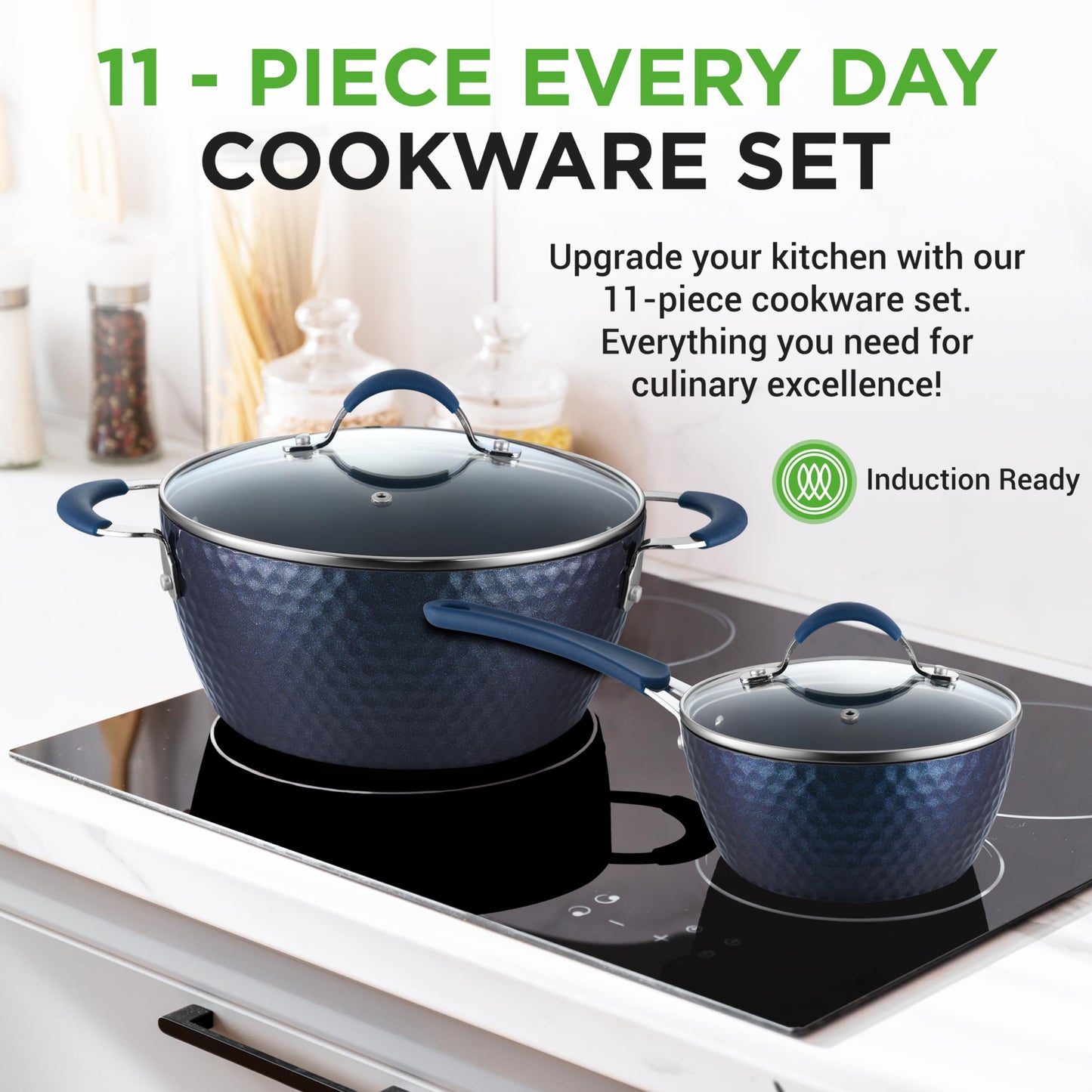 NutriChef 11 Piece Pots and Pans Set - Non Stick Cookware Set with Ceramic Coating, Cool-Touch Handles, Induction Ready, Includes Lids, and Utensils - Diamond Blue