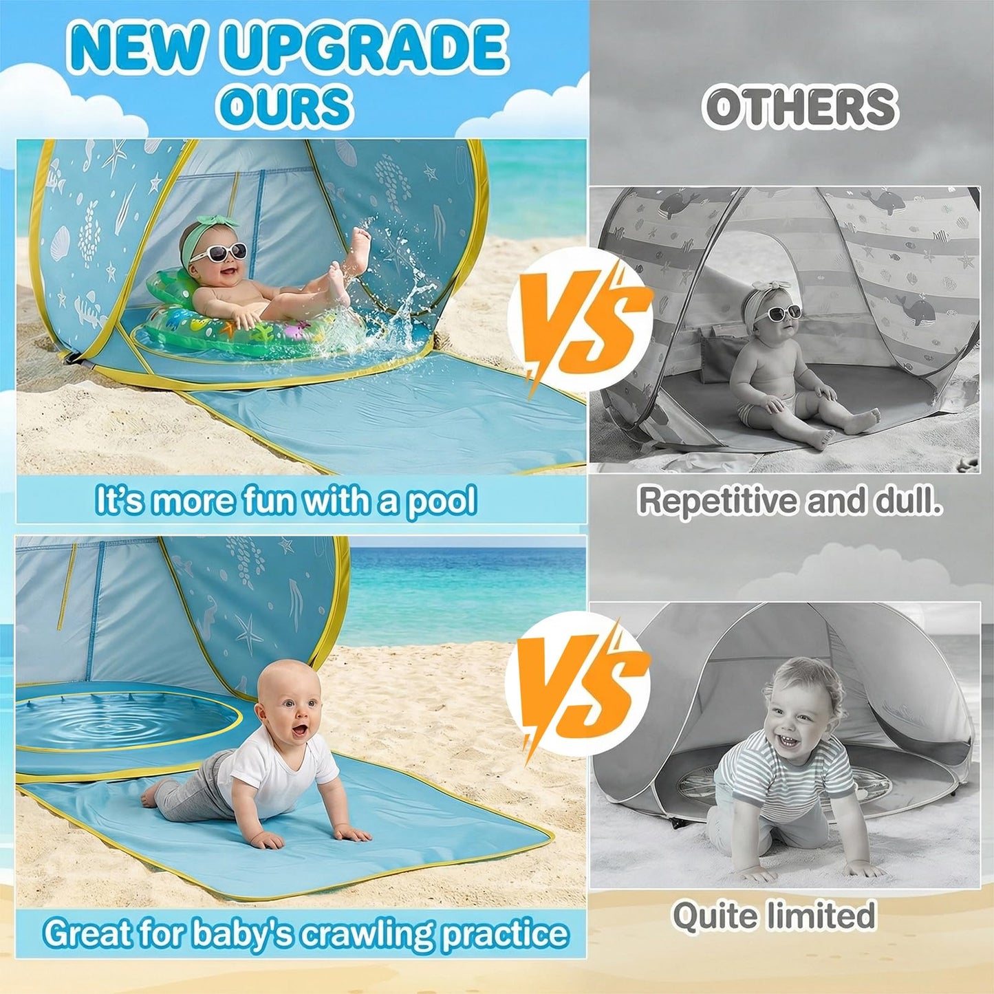 3-in-1 Baby Beach Tent, Pop-Up Baby Pool Tent with UPF 50+ Sun Protection, Portable Sun Shelter for Infants and Toddlers Outdoor Play