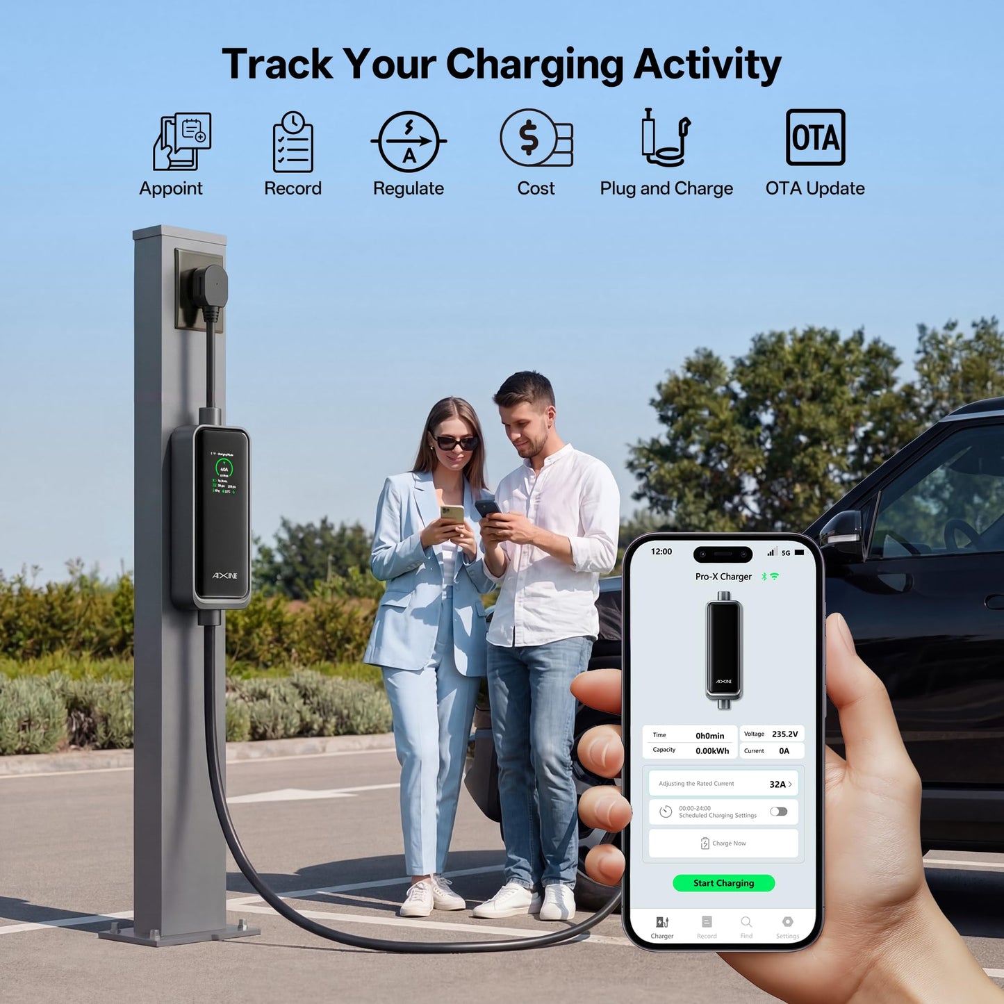 AIXINE Level 2 EV Charger,Tesla EV Charger NACS 40A with 25FT Extension Cord Cable,Enhanced WiFi Smart App,240V NEMA 14-50 Plug Compatible with All Tesla Models X/Y/3/S,UL,ETL,FCC Certified