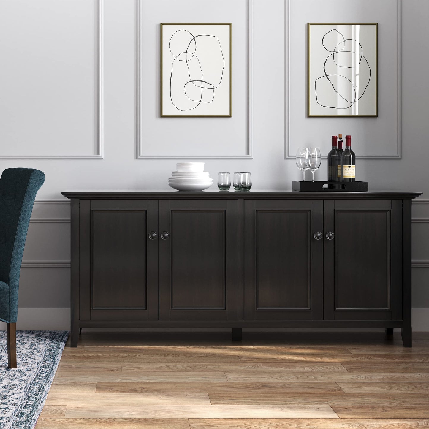 SIMPLIHOME Amherst Storage Cabinet - 66 inch Wide Solid Wood 4-Shelf Sideboard Cabinet in Hickory Brown, Transitional Buffet for Living Room or Dining Room with 4 Doors and Adjustable Shelves