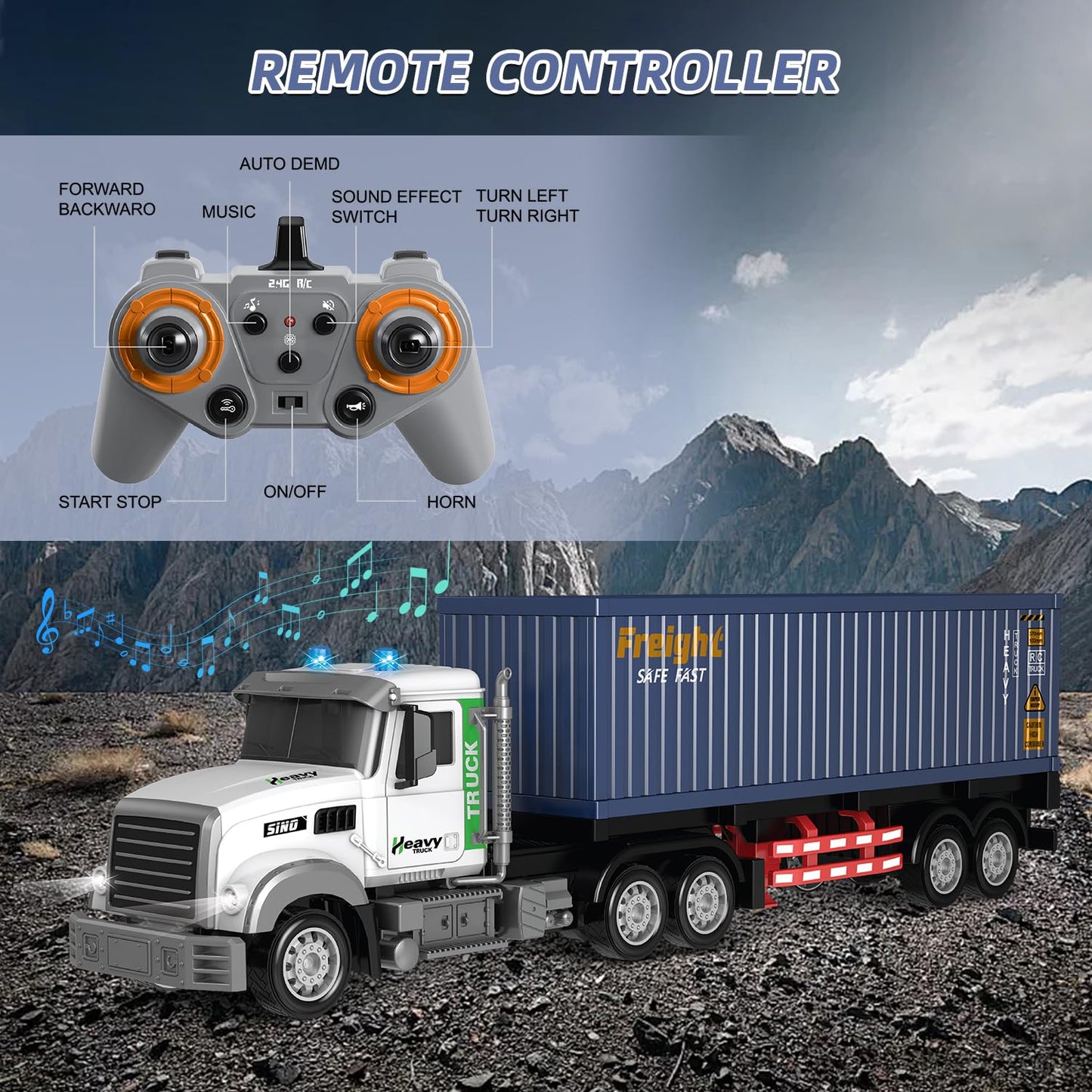 Mostop RC Semi Truck with Trailer, 23.6 Inch Remote Control Semi Truck Toy for Kids 3-8, 1:24 Scale Container Carrier Transport Vehicle with 2 Batteries, LED Lights & Sounds, Birthday Gift for Boys