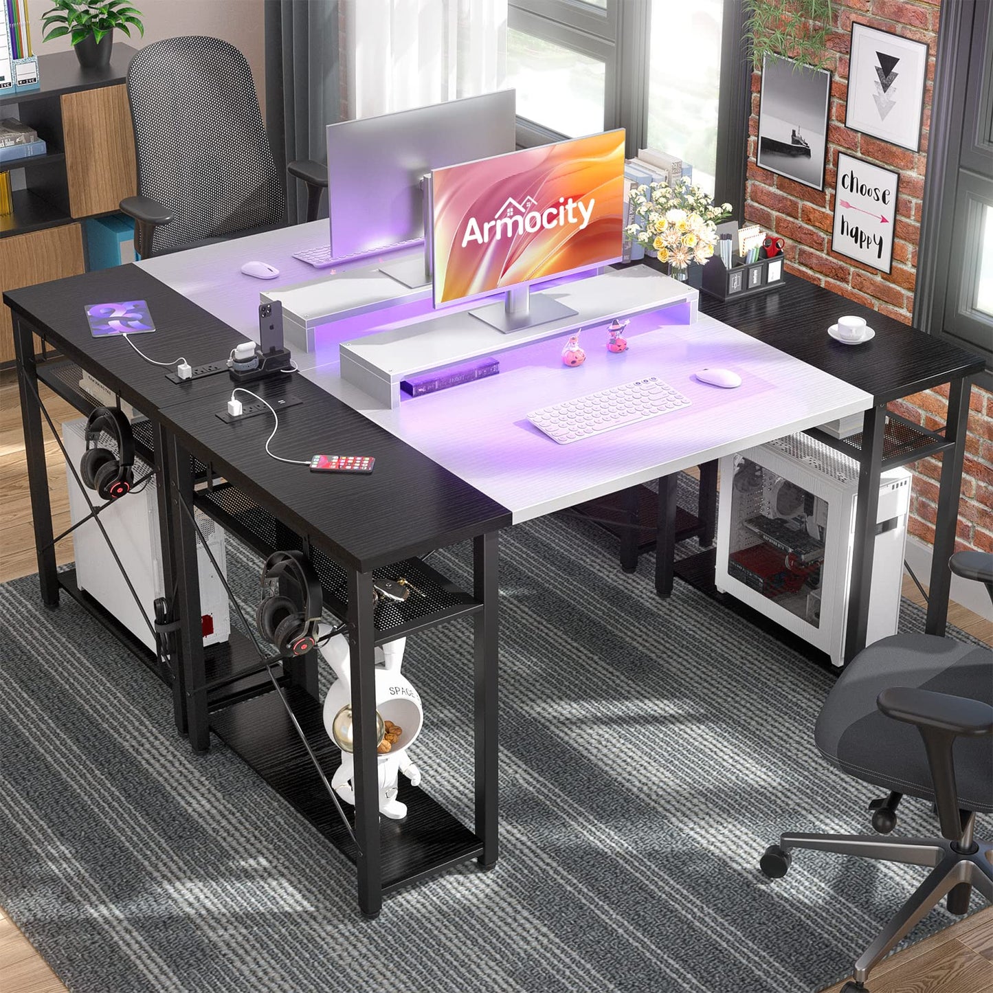 Armocity Computer Desk with LED Lights, 55 Inch Desk with Power Outlet and USB, Reversible Large Desk with Moveable Monitor Stand, 55.2'' Gaming PC Table for Home Office, Workstation, White and Black