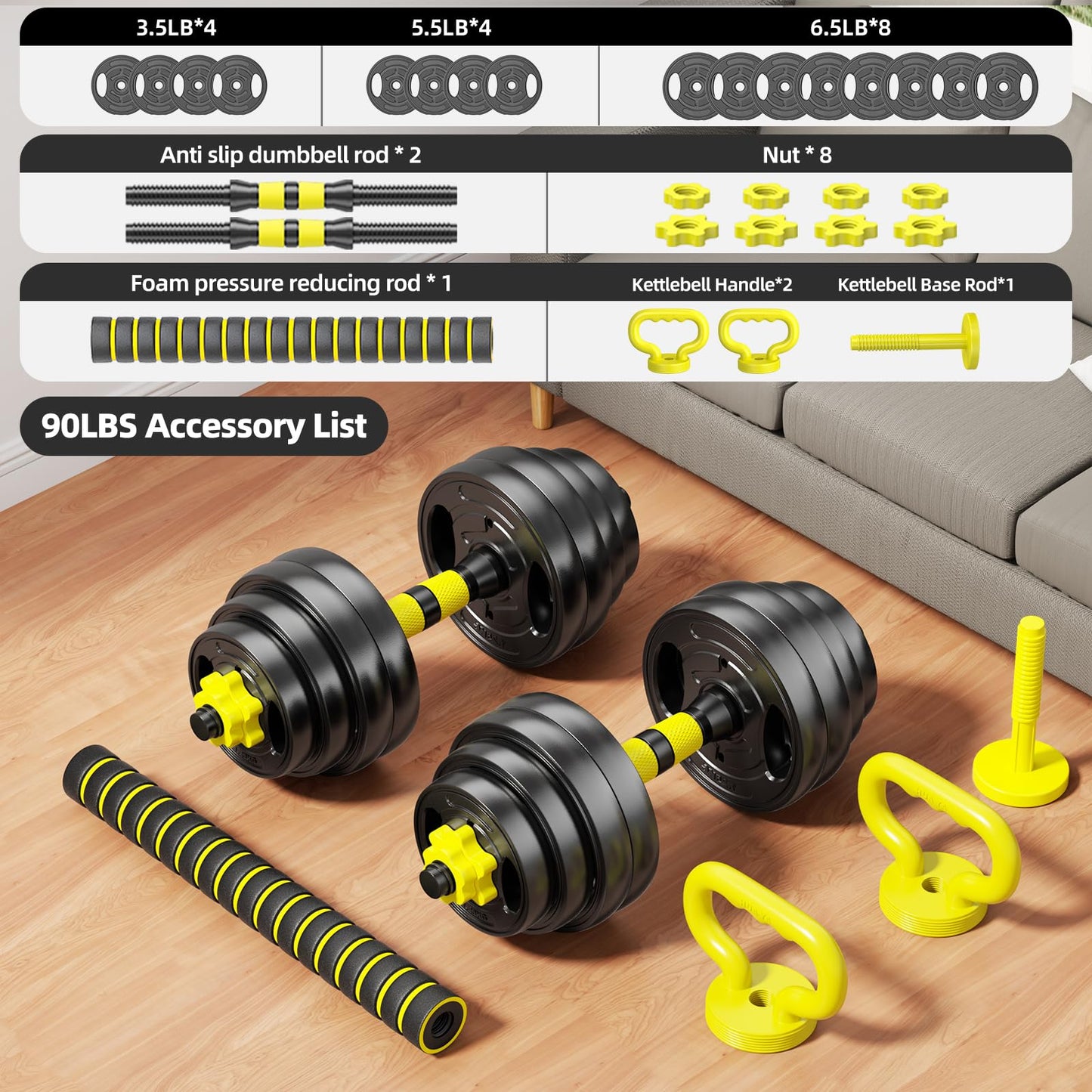 HUAYA Adjustable Dumbbell Set, 10-90lbs Free Weights with Connector – 4 in 1 Dumbbells, Barbell, Kettlebell & Push Up Stand, Adjustable Weights Set for Home Gym Fitness Equipment for Men & Women (Orange 90lbs (45lbs*2))