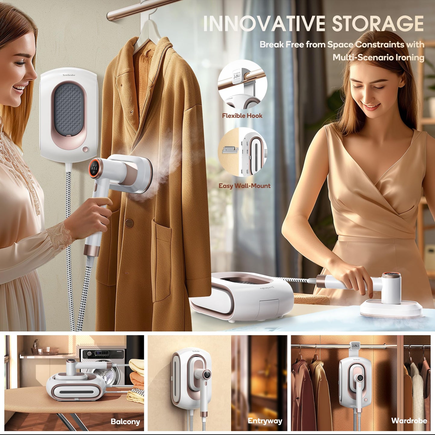Newbealer 2In1 Pro Steam Station Iron Bundle with Detachable Water Tank, 1550W Turbocharged Steam for Clothes, 3-Level Steam & Dry Ironing, Auto-Off, Self Cleaning, Innovative Storage for Household