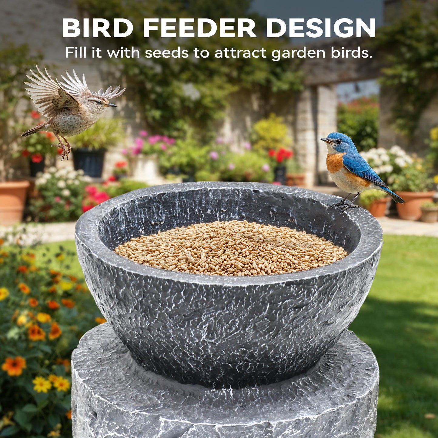 Ultym 40" Tall Outdoor Water Fountain, Dual-Layer Column Garden Fountain with Bird Feeder, Resin Soothing Cascading Waterfall Foutain for Patio, Backyard, Garden or Porch Decor