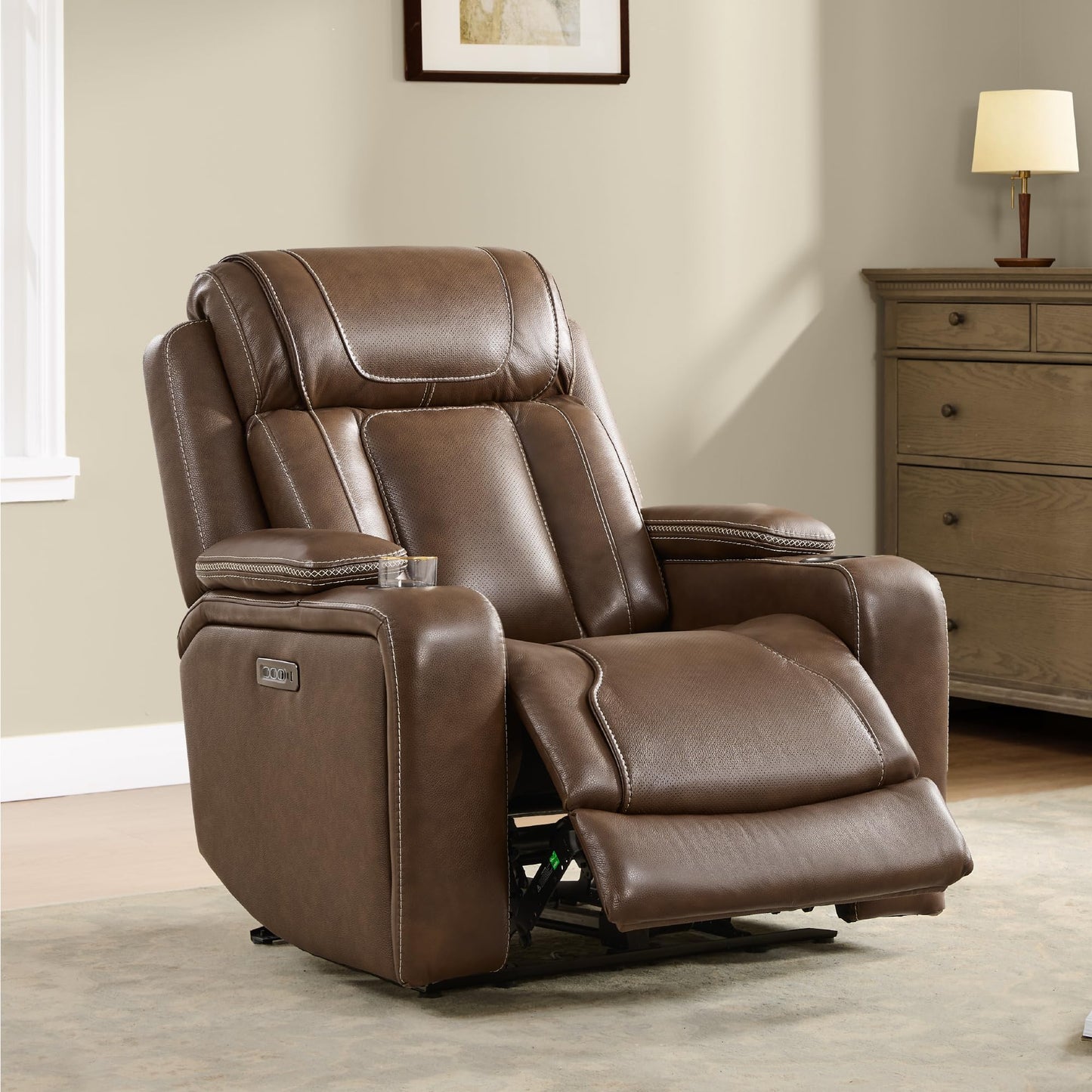 Watson & Whitely Genuine Leather Electric Recliner Chairs, Oversized Super Zero Gravity Recliner Triple-Motor W Adjustable Lumbar Headrest Support & Hidden Storage, Cafe Brown
