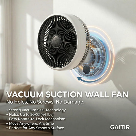 GAIITIR Air Circulator Fan for Bedroom, Portable Desk Fan with 7800mAh Rechargeable Battery, 12H Runtime, 5 Speed Adjustable, 9H Timer, Wall-Mounted Fans with Vacuum Suction Cup, USB Oscillating Fan