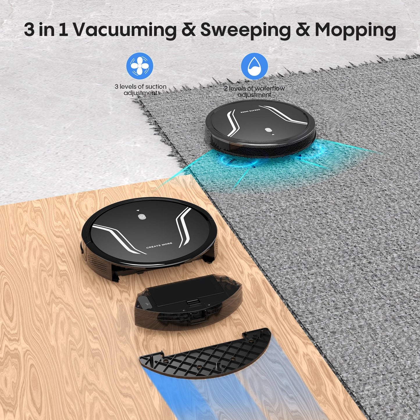 Bagotte Robot Vacuum and Mop, 5000Pa Mopping Robot Vacuum Cleaner with 3-in-1 Robotic Vacuum Cleaner, Multiple Cleaning Modes, Self-Charging, WiFi/Alexa/App, Ideal for Hard Floor, Pet Hair,Debris