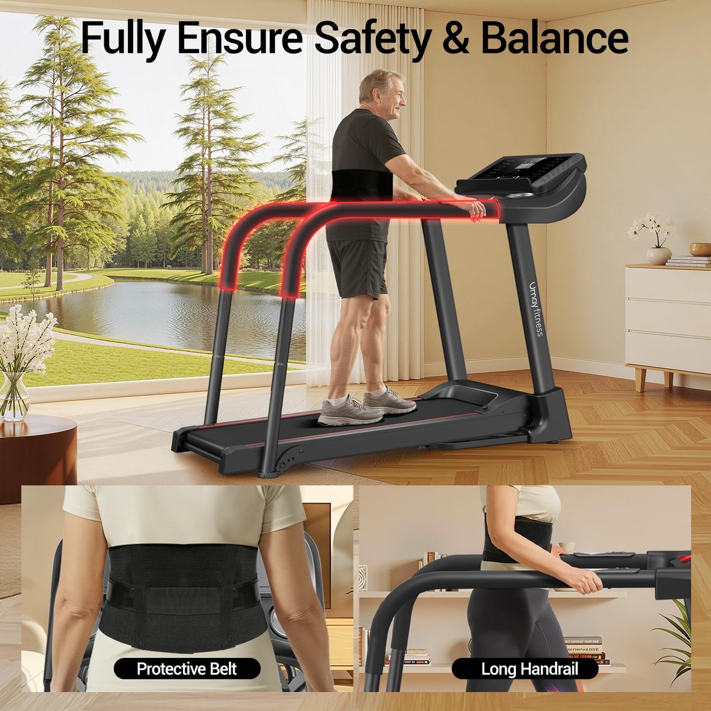 UMAY Fitness Compact Home Treadmill with Auto/No Incline, 3.0/3.5HP Quiet Brushless, 8.7 MPH Speed & 16.2"×42.5" Running Area (0 Incline with handrail)